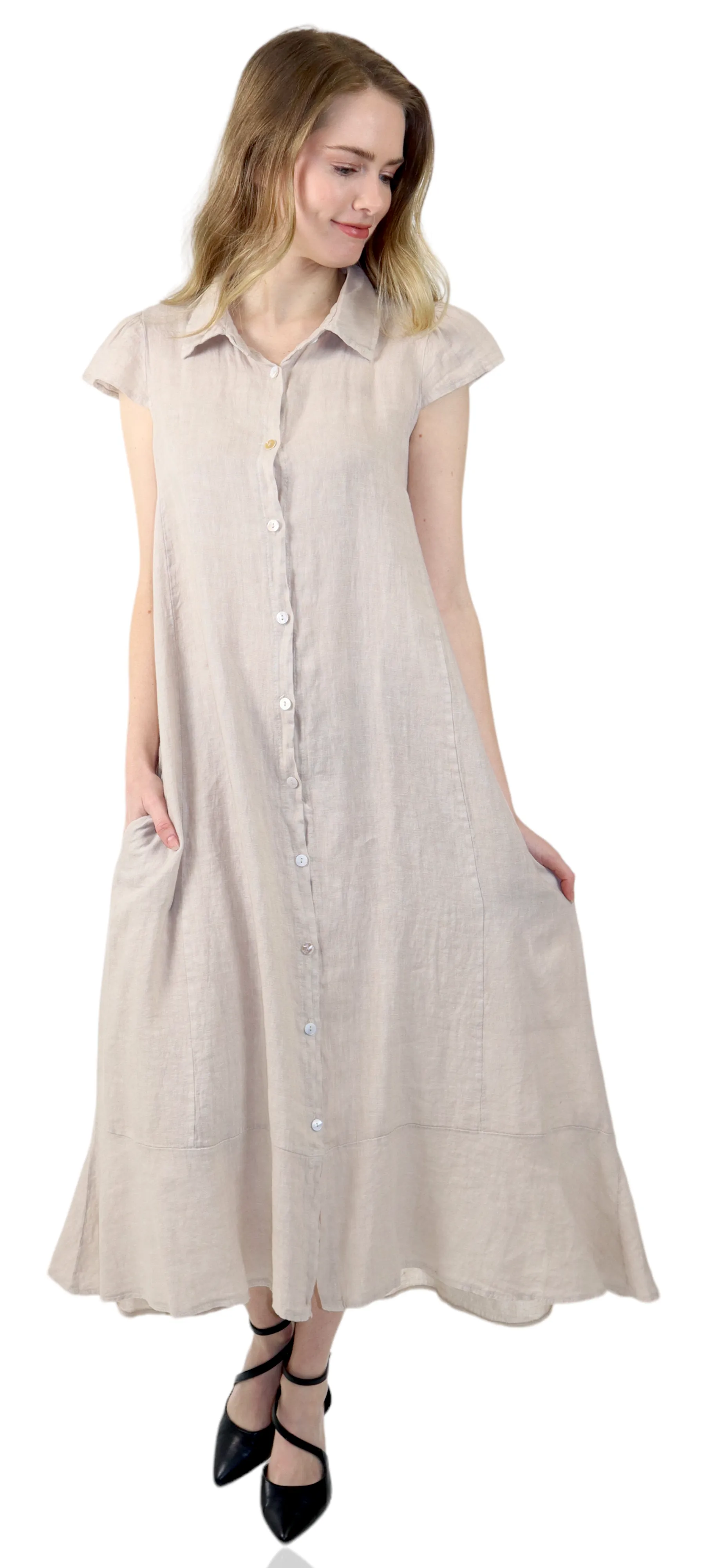100% Pure Linen Sleeveless Breathable BoHo Flowy Button Down Dress Top