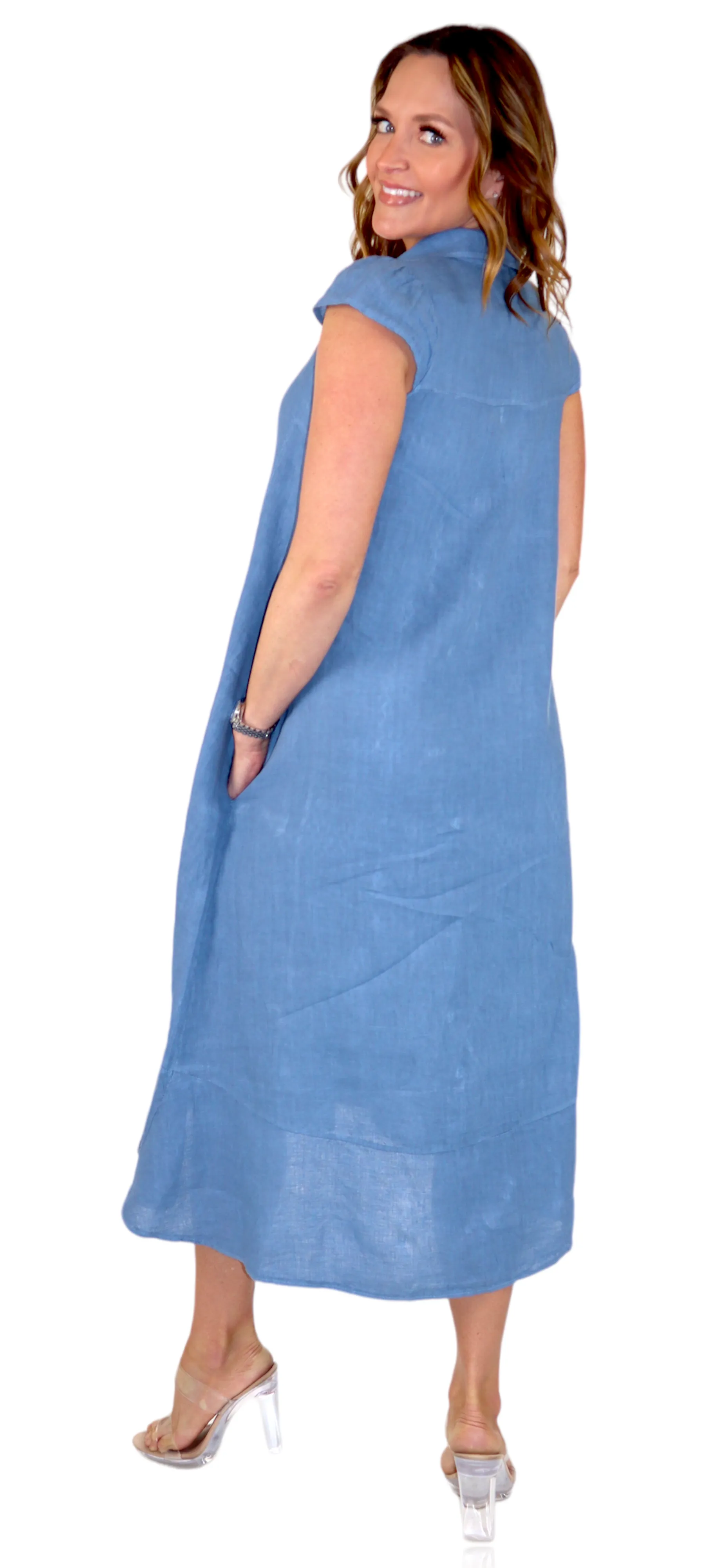 100% Pure Linen Sleeveless Breathable BoHo Flowy Button Down Dress Top