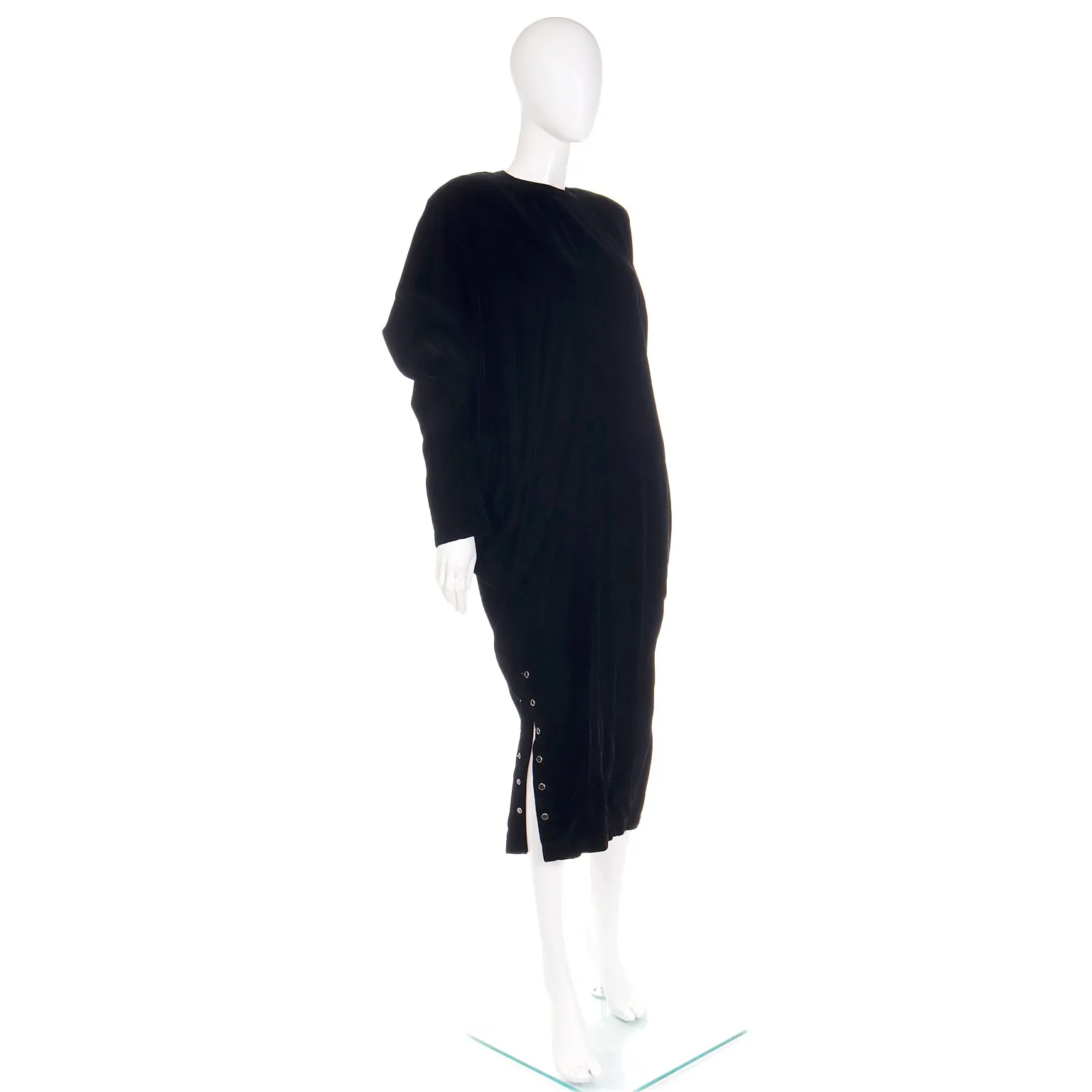 1980s Norma Kamali Black Velvet Sweatshirt Style Oversized Dress
