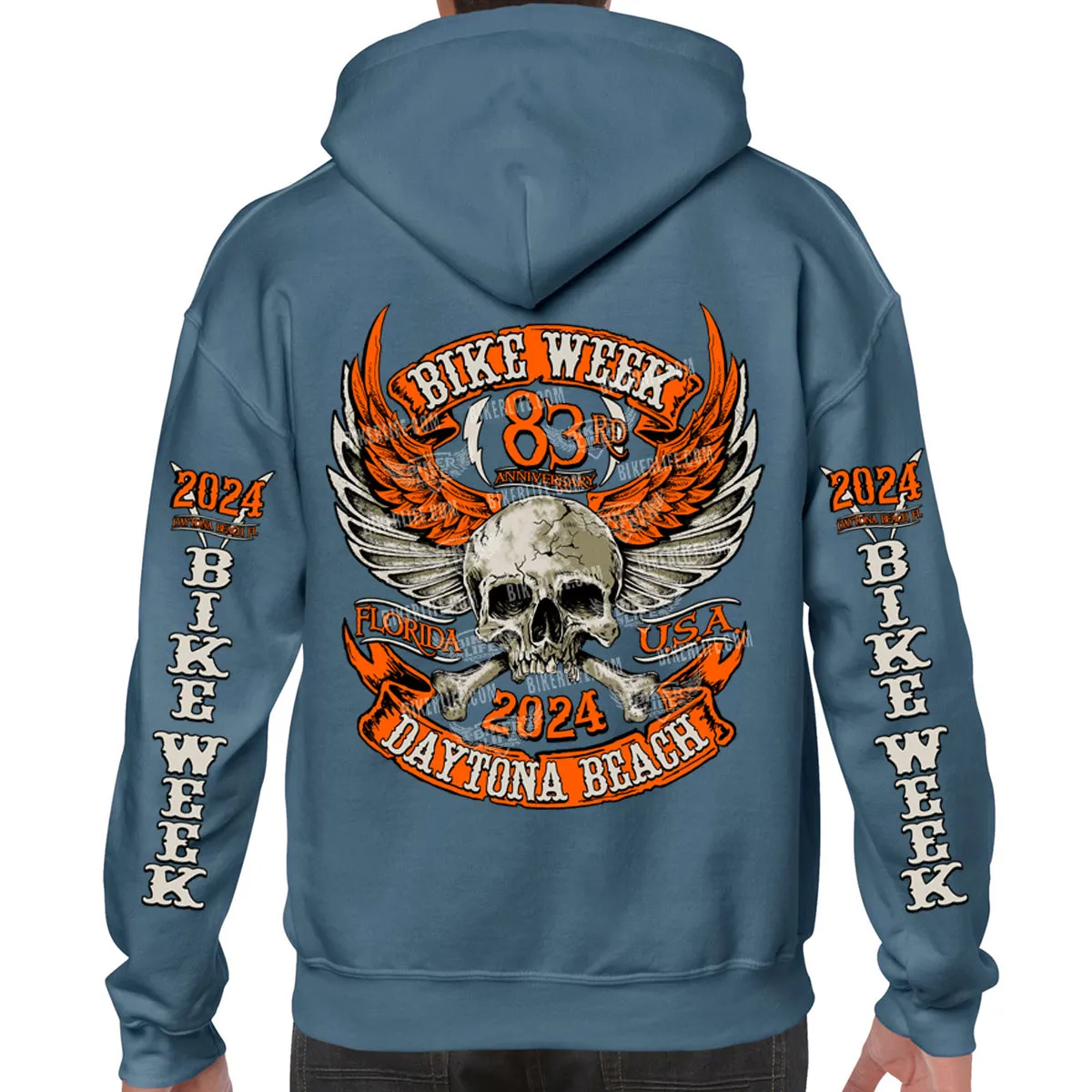 2024 Bike Week Daytona Beach Orange Skull Wings Pullover Hoodie