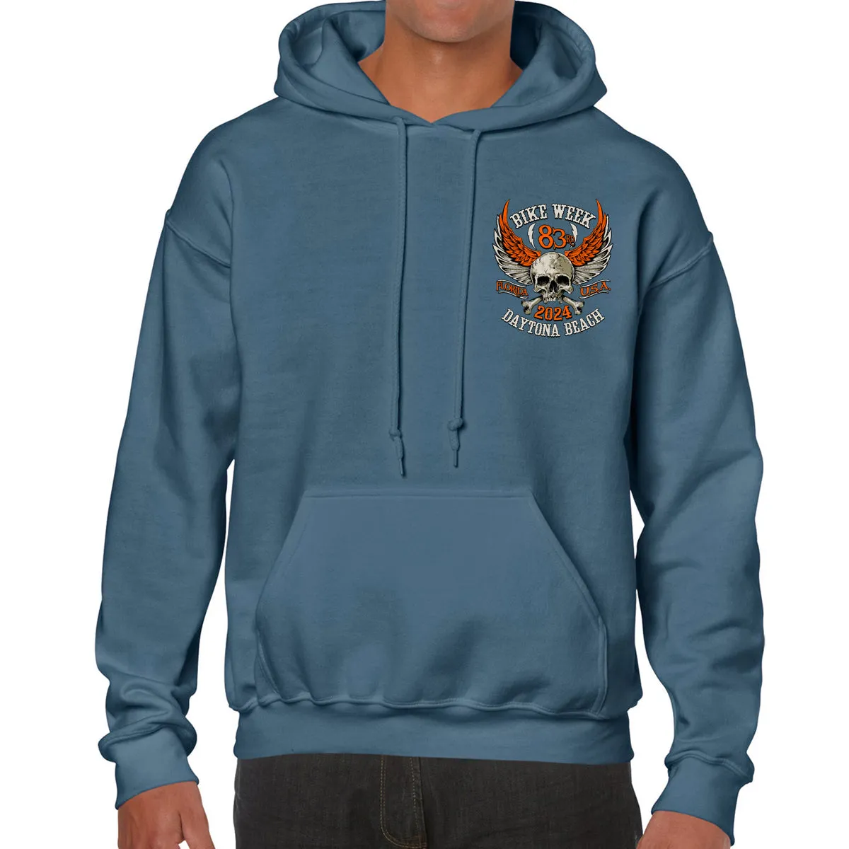 2024 Bike Week Daytona Beach Orange Skull Wings Pullover Hoodie