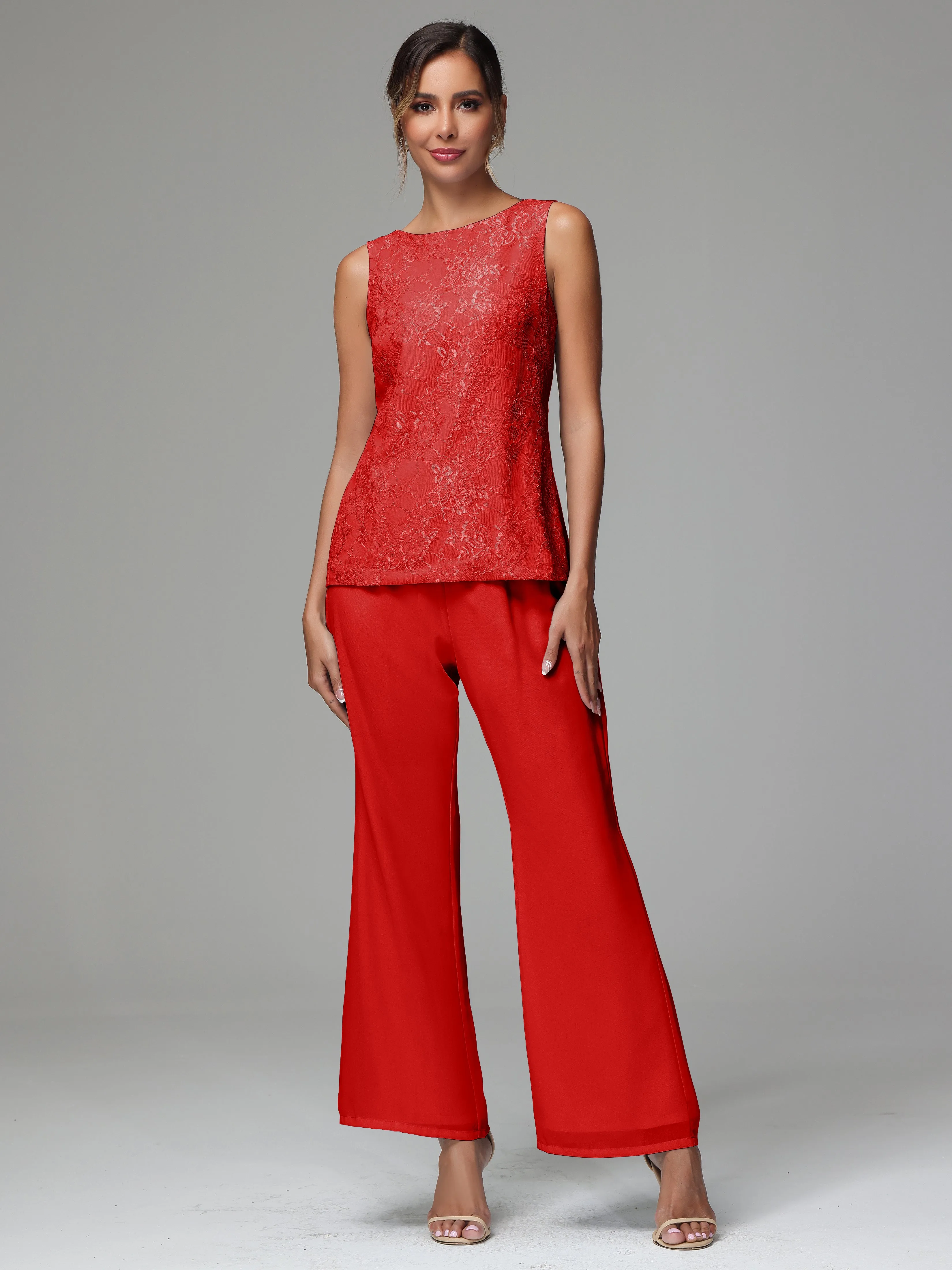 3 Pieces Long Sleeves Chiffon Lace Mother Of The Bride Dress Pants Suits