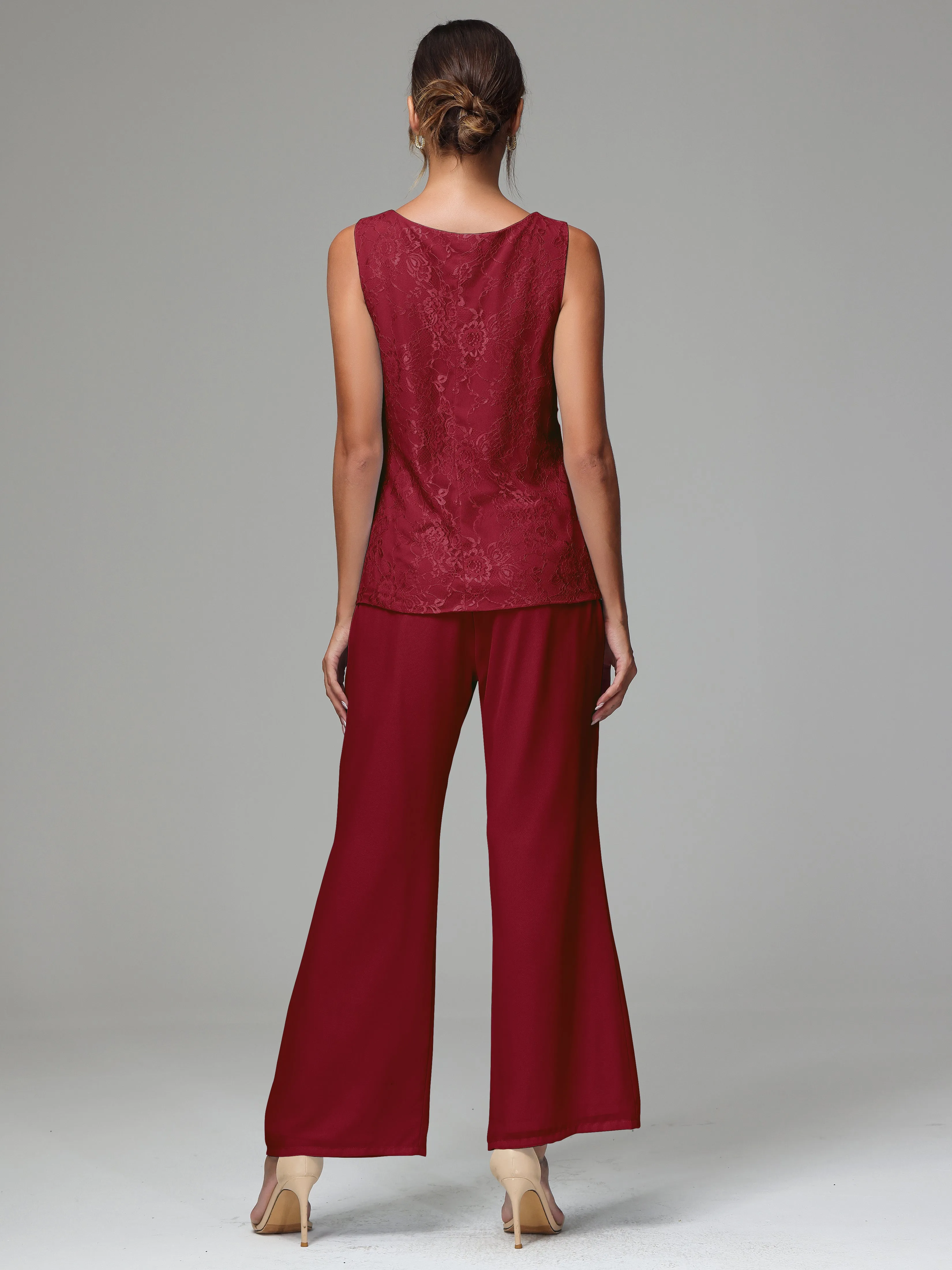 3 Pieces Long Sleeves Chiffon Lace Mother Of The Bride Dress Pants Suits