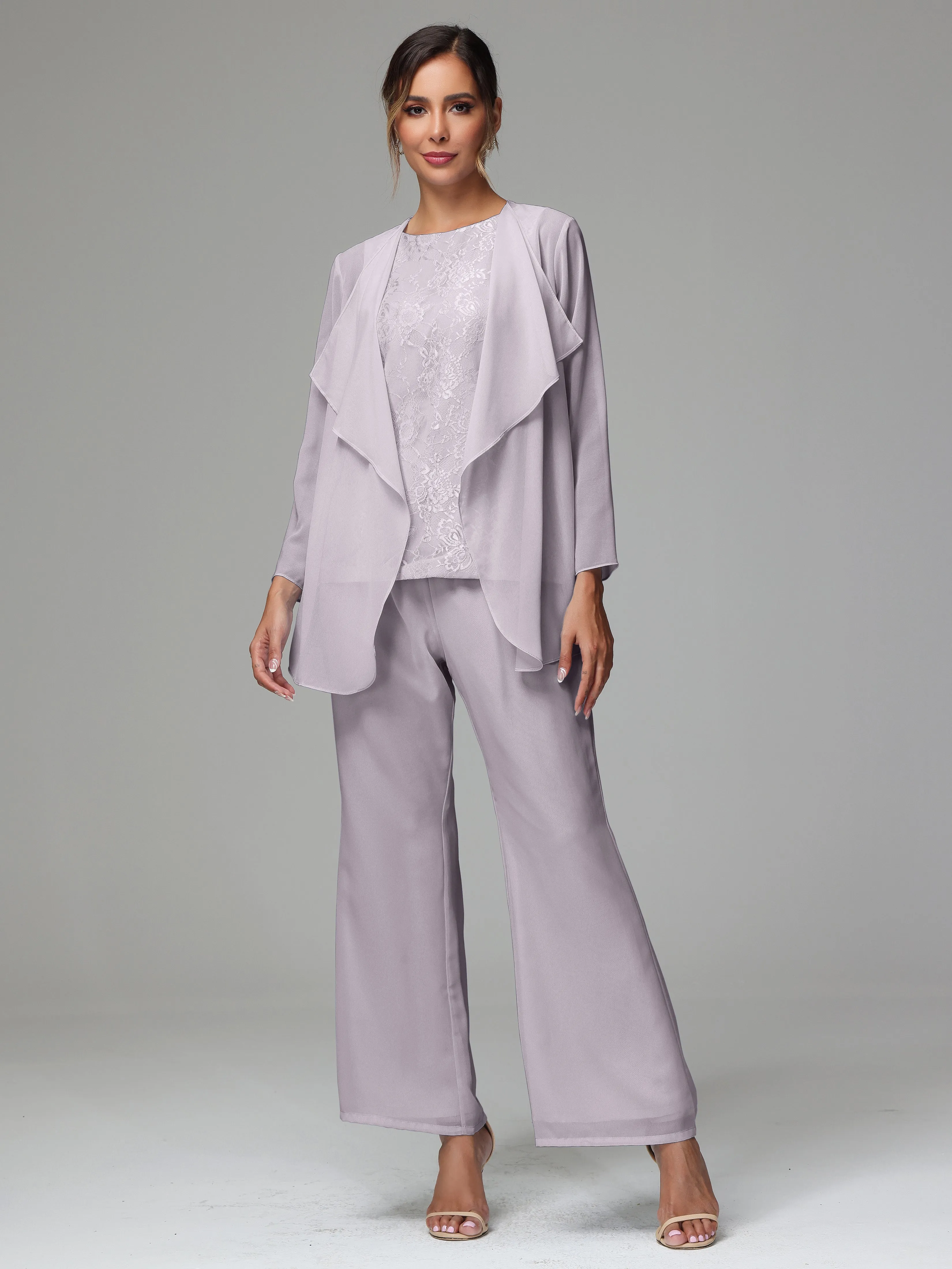 3 Pieces Long Sleeves Chiffon Lace Mother Of The Bride Dress Pants Suits