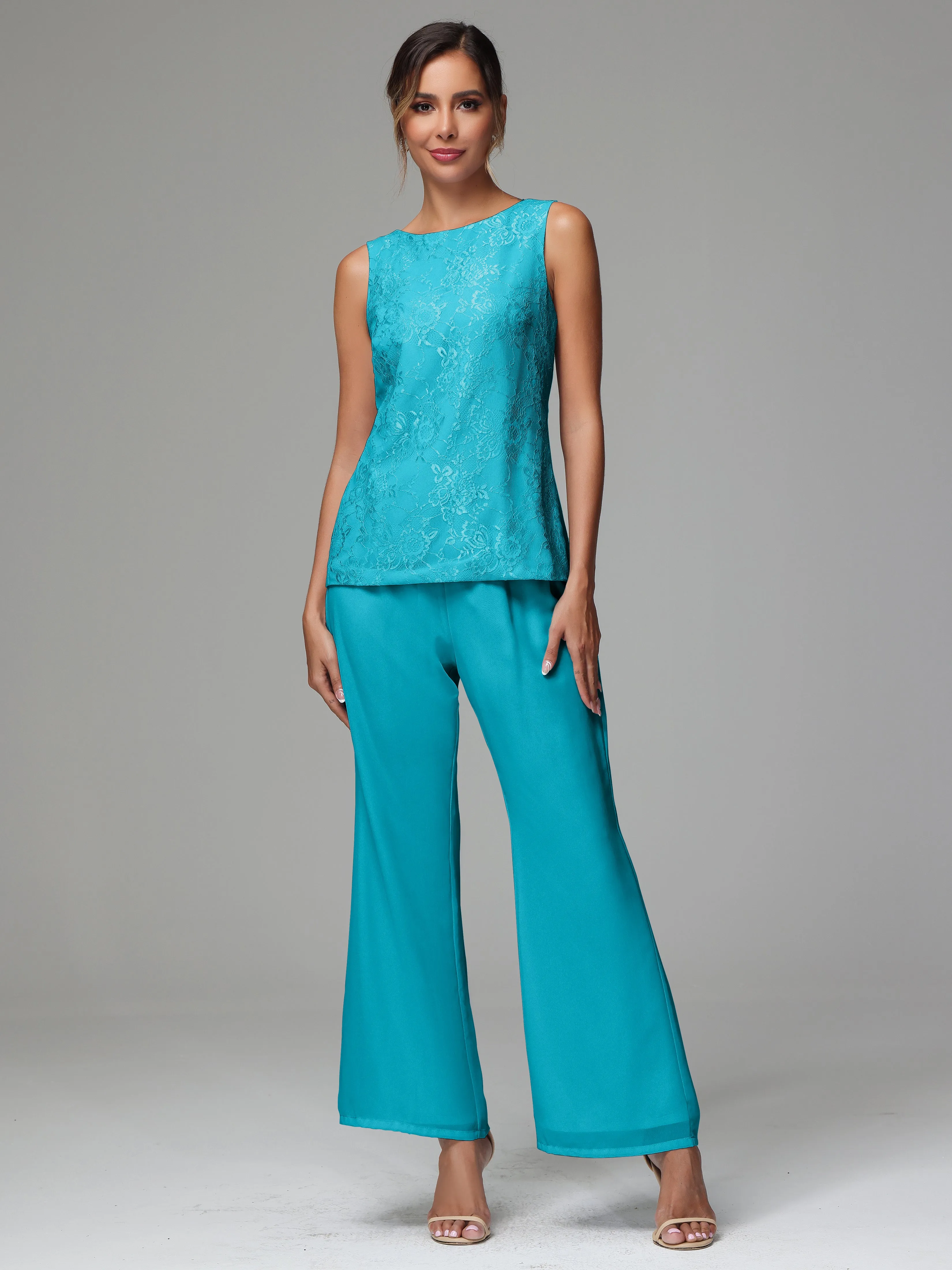 3 Pieces Long Sleeves Chiffon Lace Mother Of The Bride Dress Pants Suits