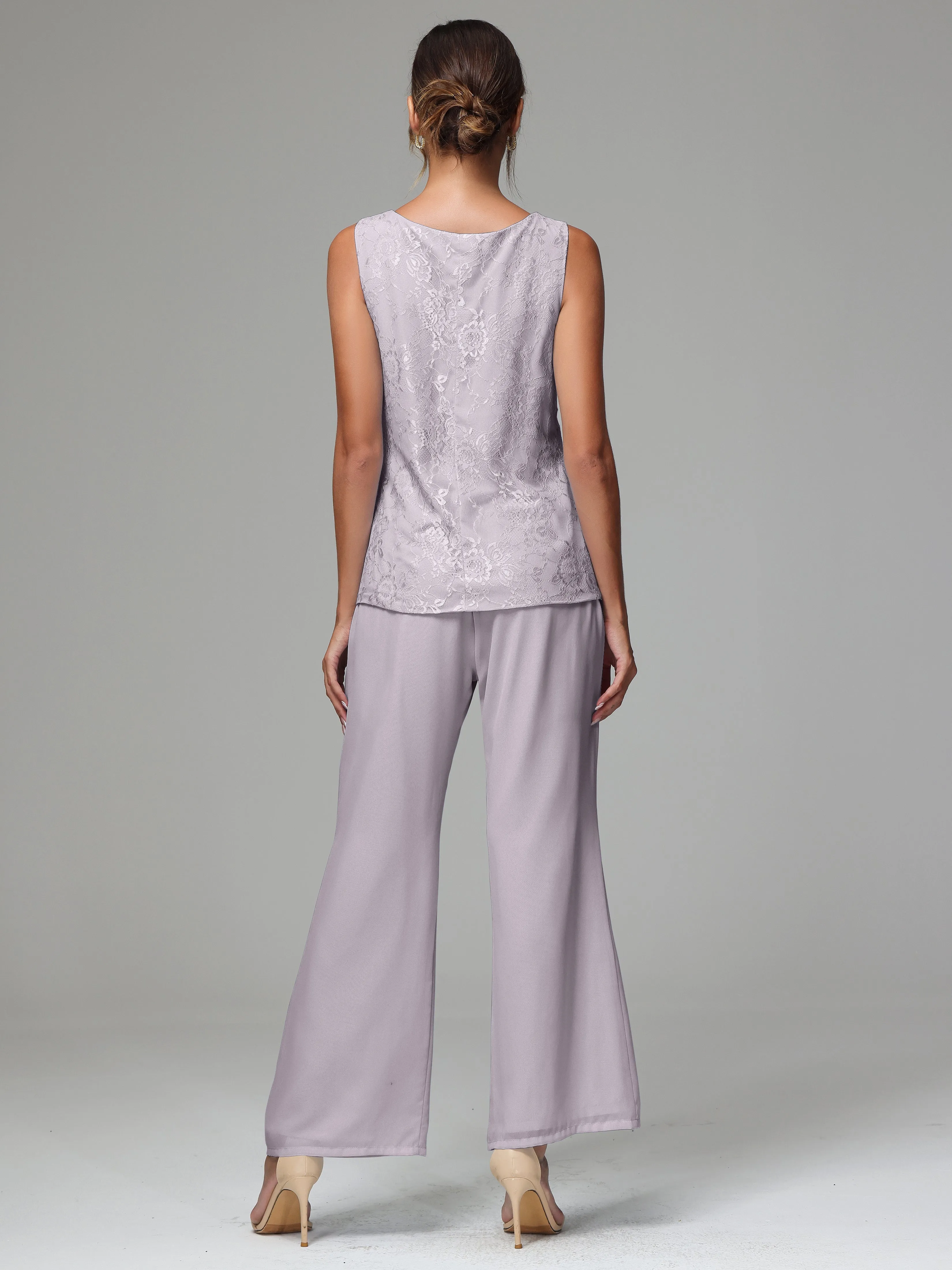 3 Pieces Long Sleeves Chiffon Lace Mother Of The Bride Dress Pants Suits