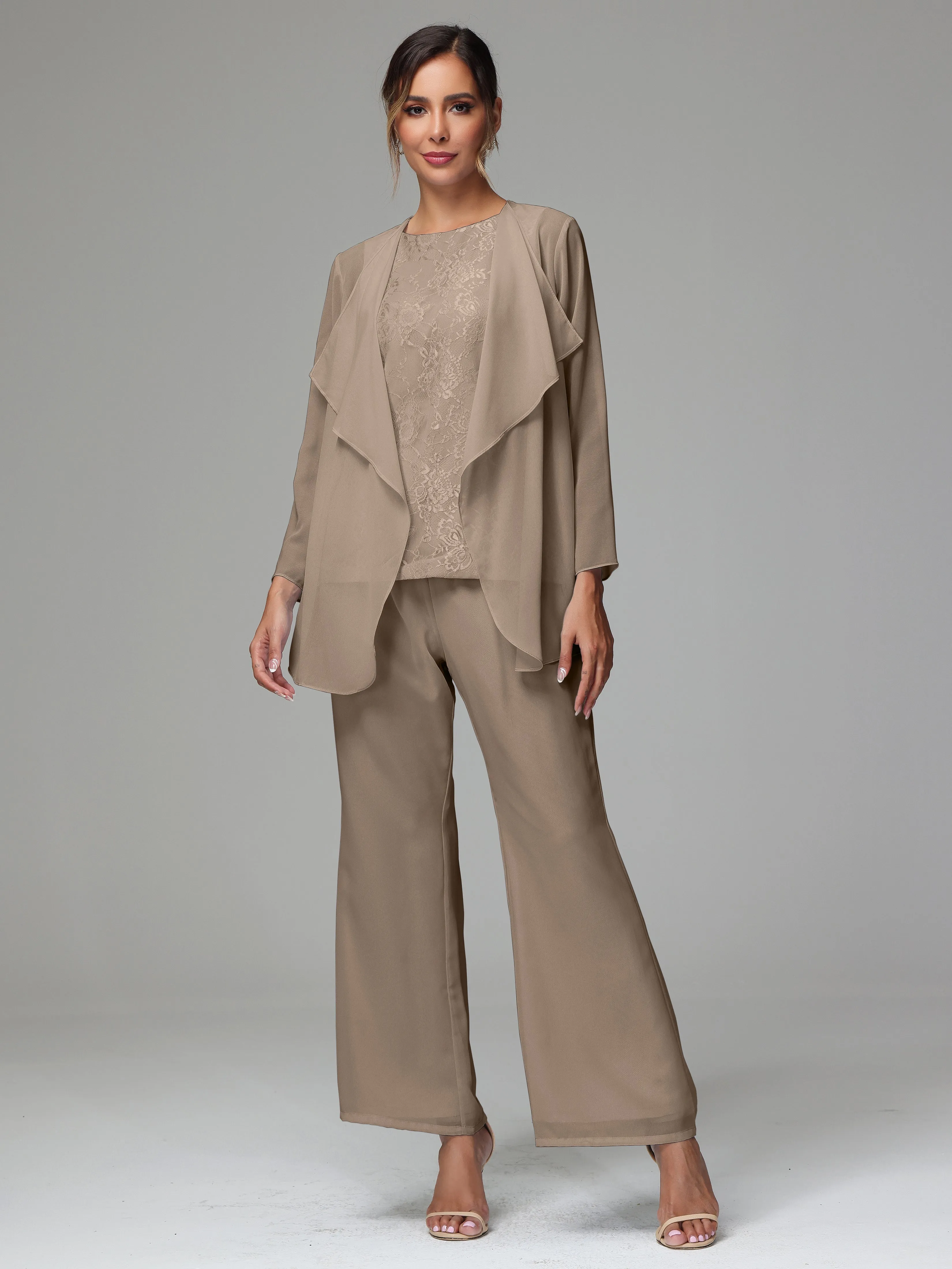 3 Pieces Long Sleeves Chiffon Lace Mother Of The Bride Dress Pants Suits