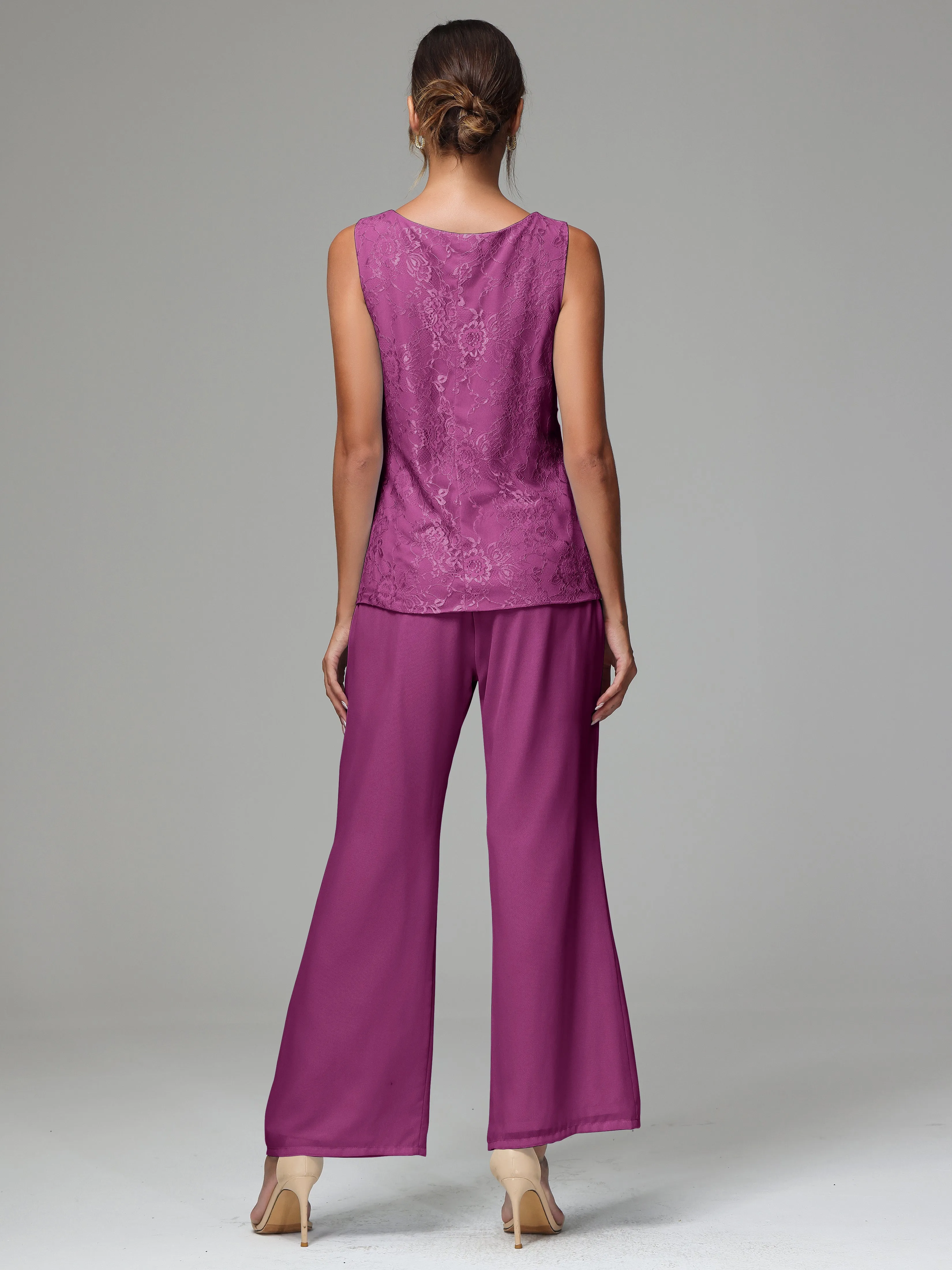 3 Pieces Long Sleeves Chiffon Lace Mother Of The Bride Dress Pants Suits
