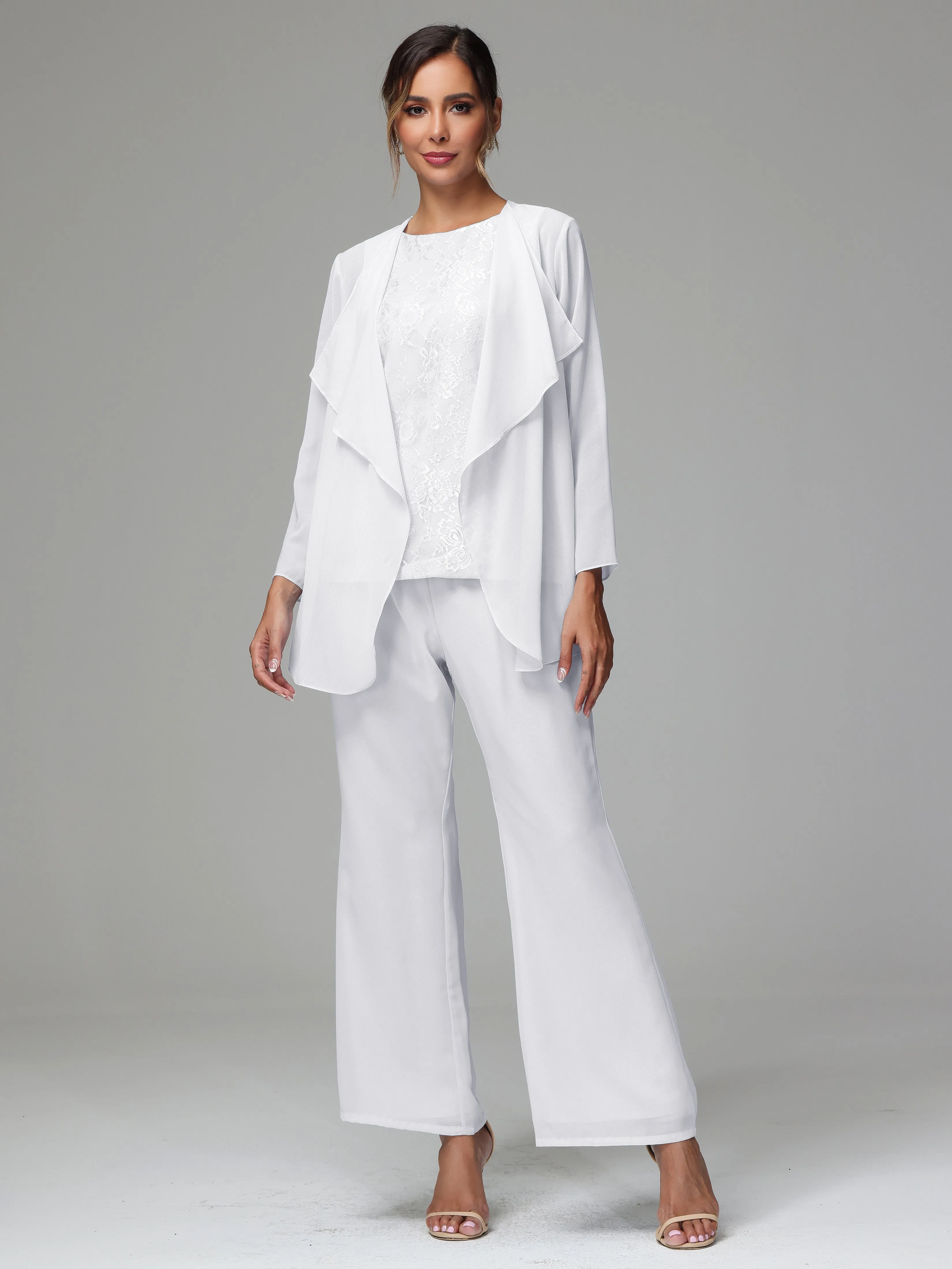 3 Pieces Long Sleeves Chiffon Lace Mother Of The Bride Dress Pants Suits