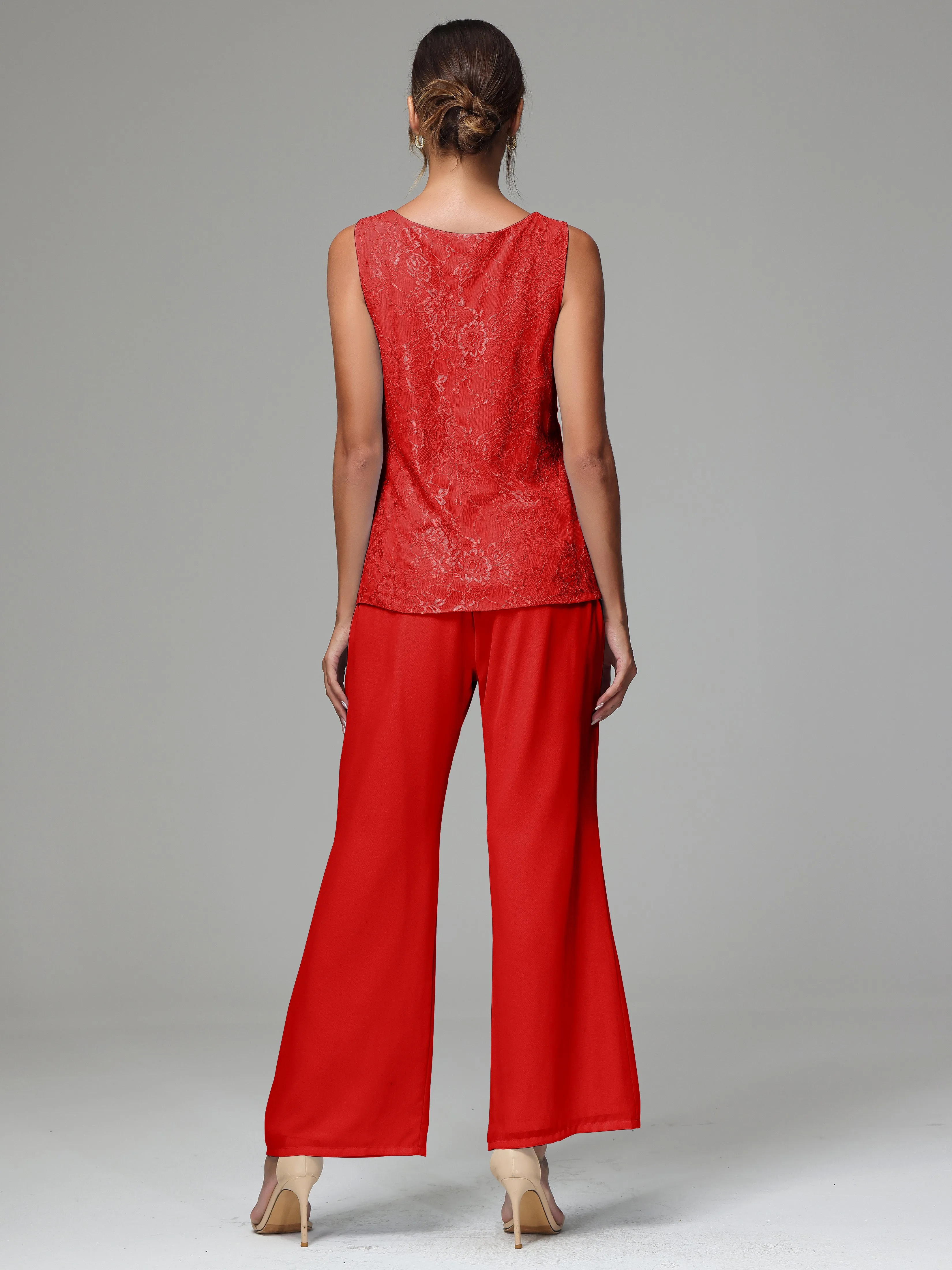 3 Pieces Long Sleeves Chiffon Lace Mother Of The Bride Dress Pants Suits
