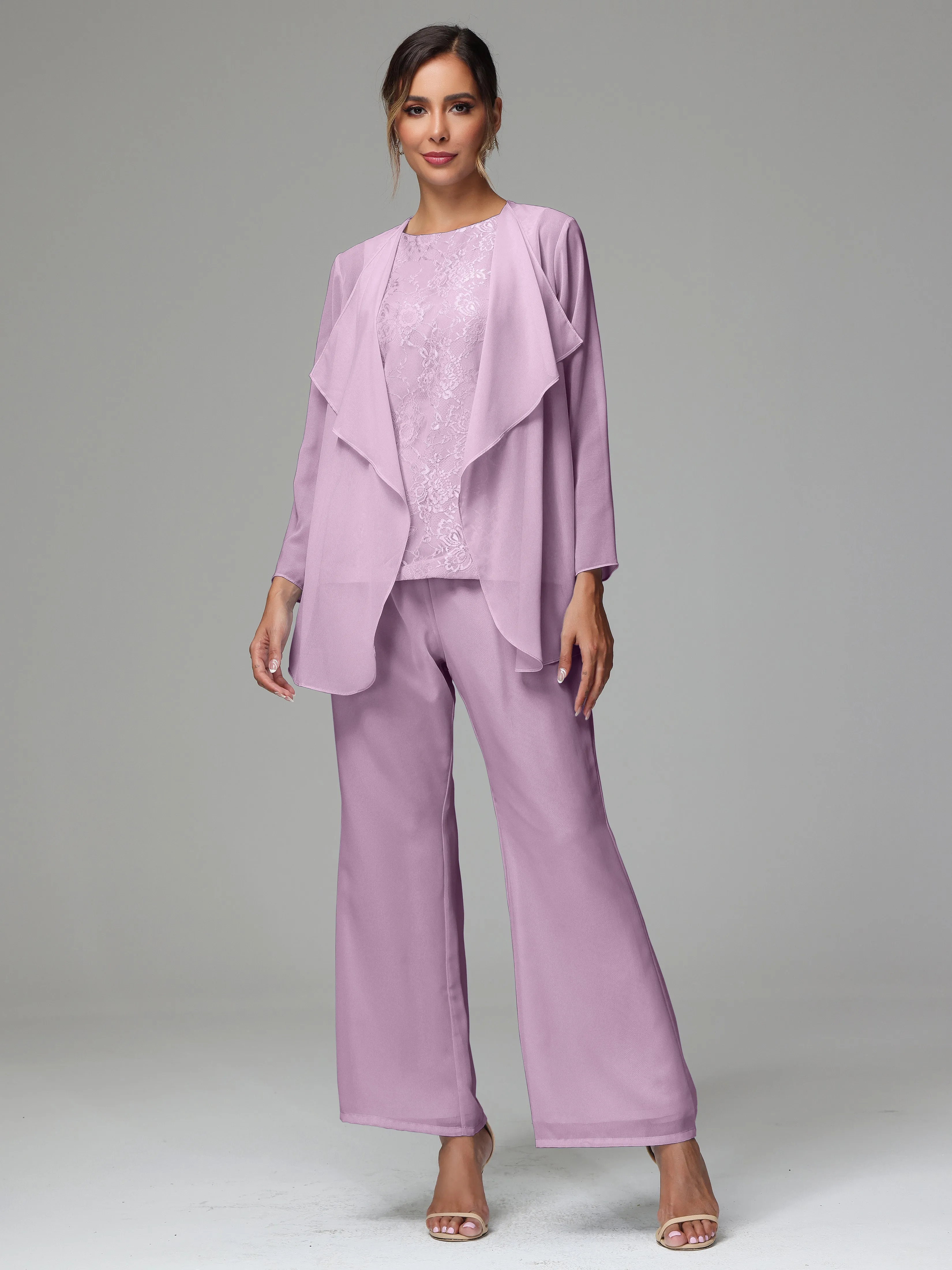 3 Pieces Long Sleeves Chiffon Lace Mother Of The Bride Dress Pants Suits