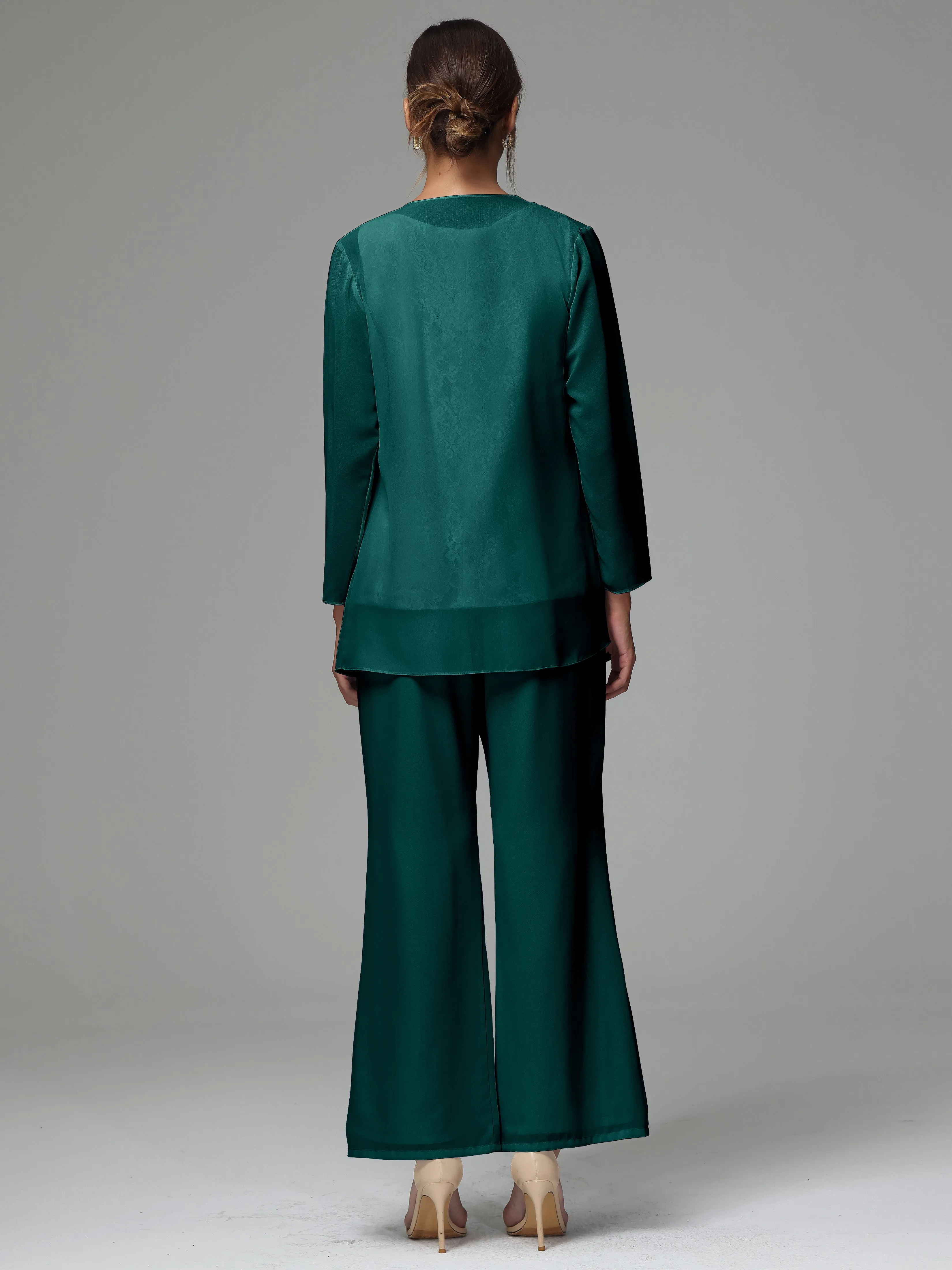 3 Pieces Long Sleeves Chiffon Lace Mother Of The Bride Dress Pants Suits
