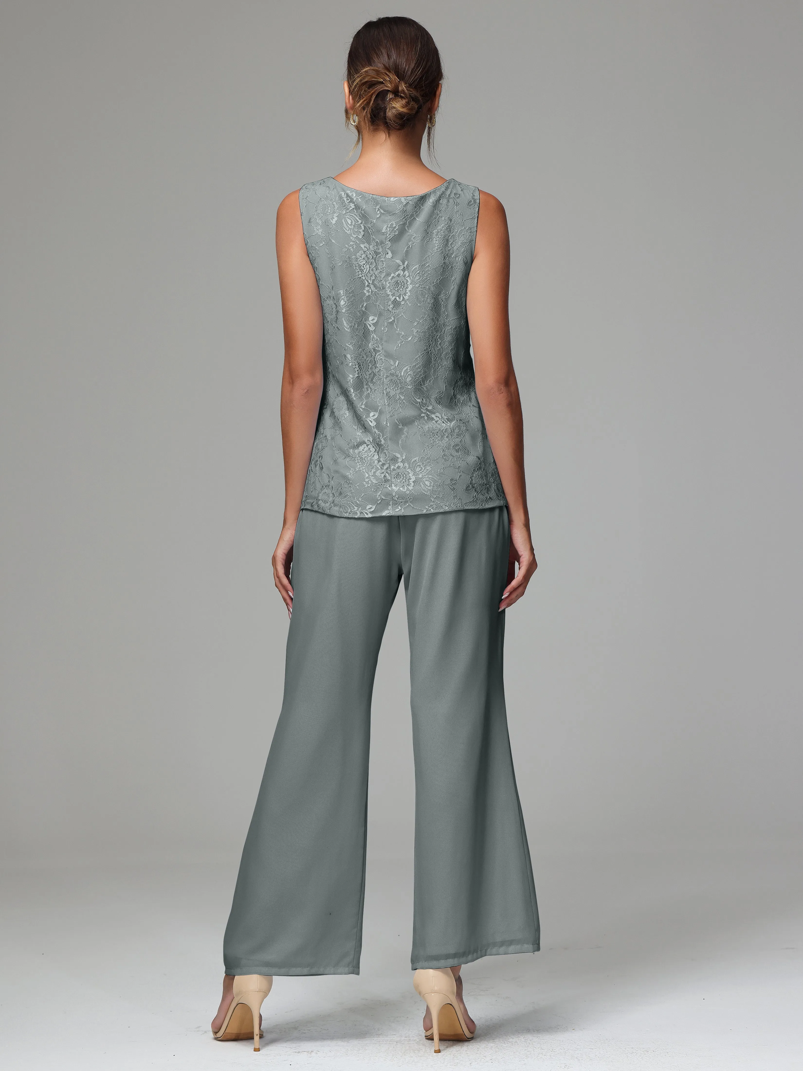 3 Pieces Long Sleeves Chiffon Lace Mother Of The Bride Dress Pants Suits