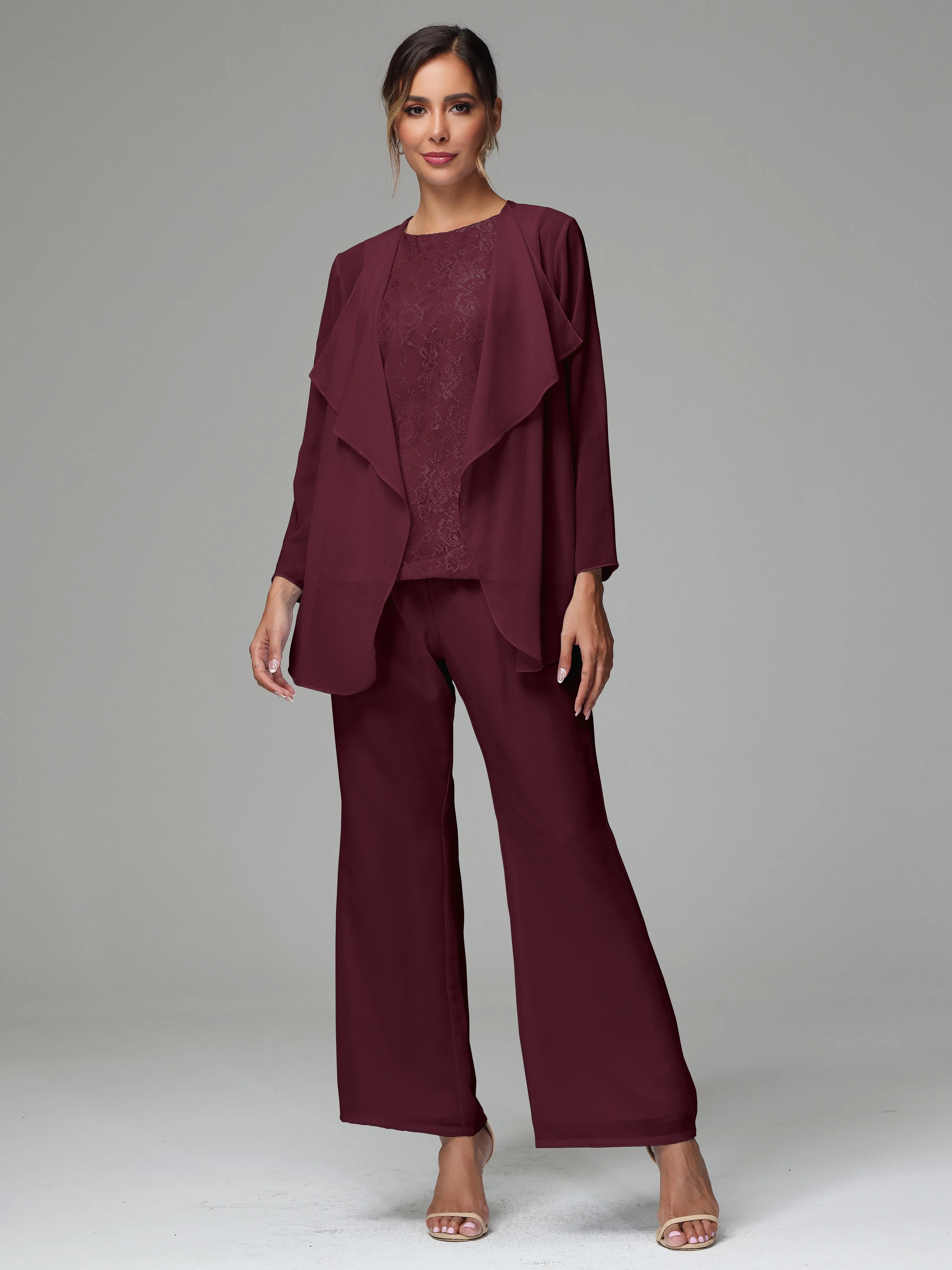 3 Pieces Long Sleeves Chiffon Lace Mother Of The Bride Dress Pants Suits