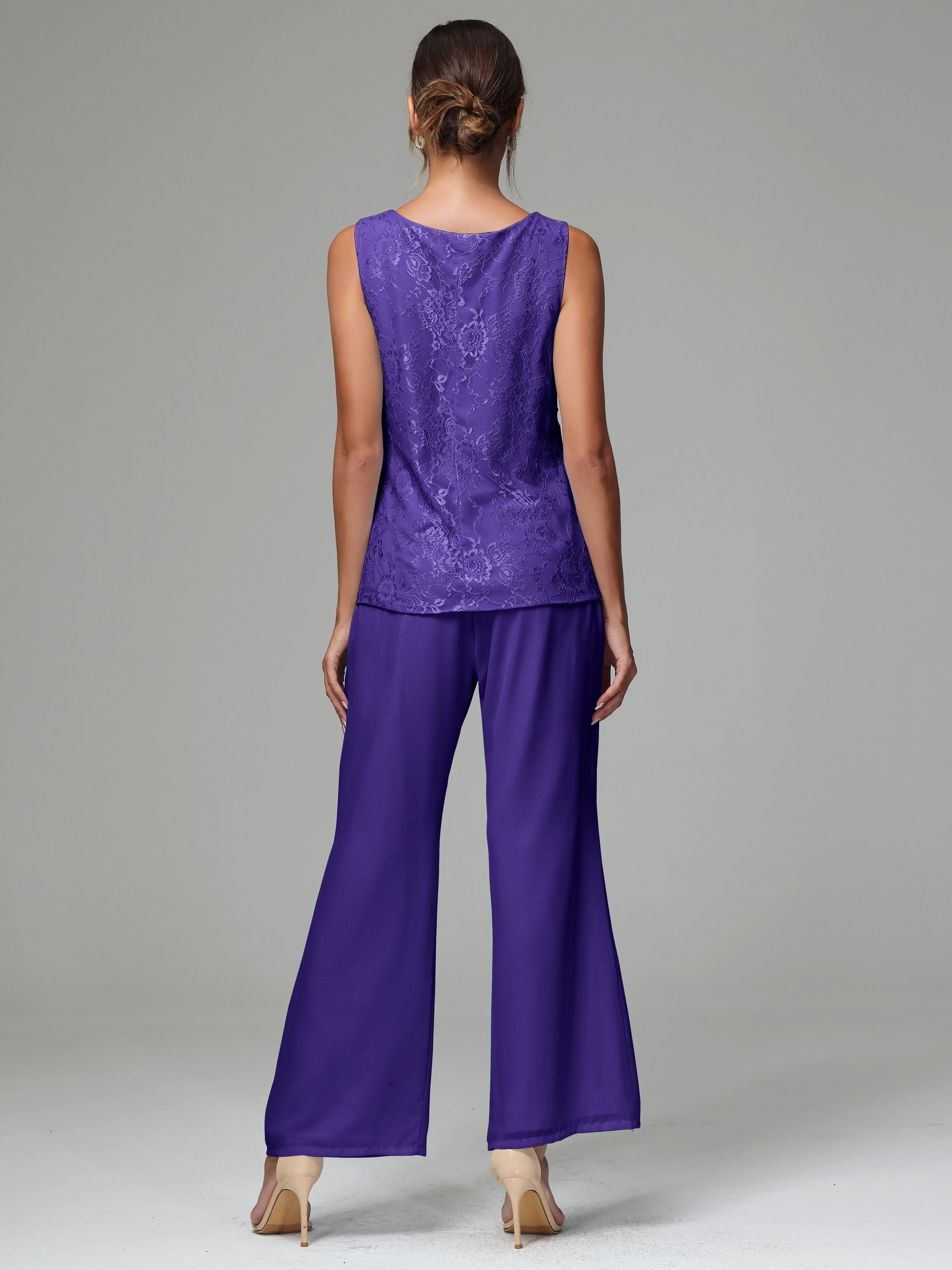 3 Pieces Long Sleeves Chiffon Lace Mother Of The Bride Dress Pants Suits