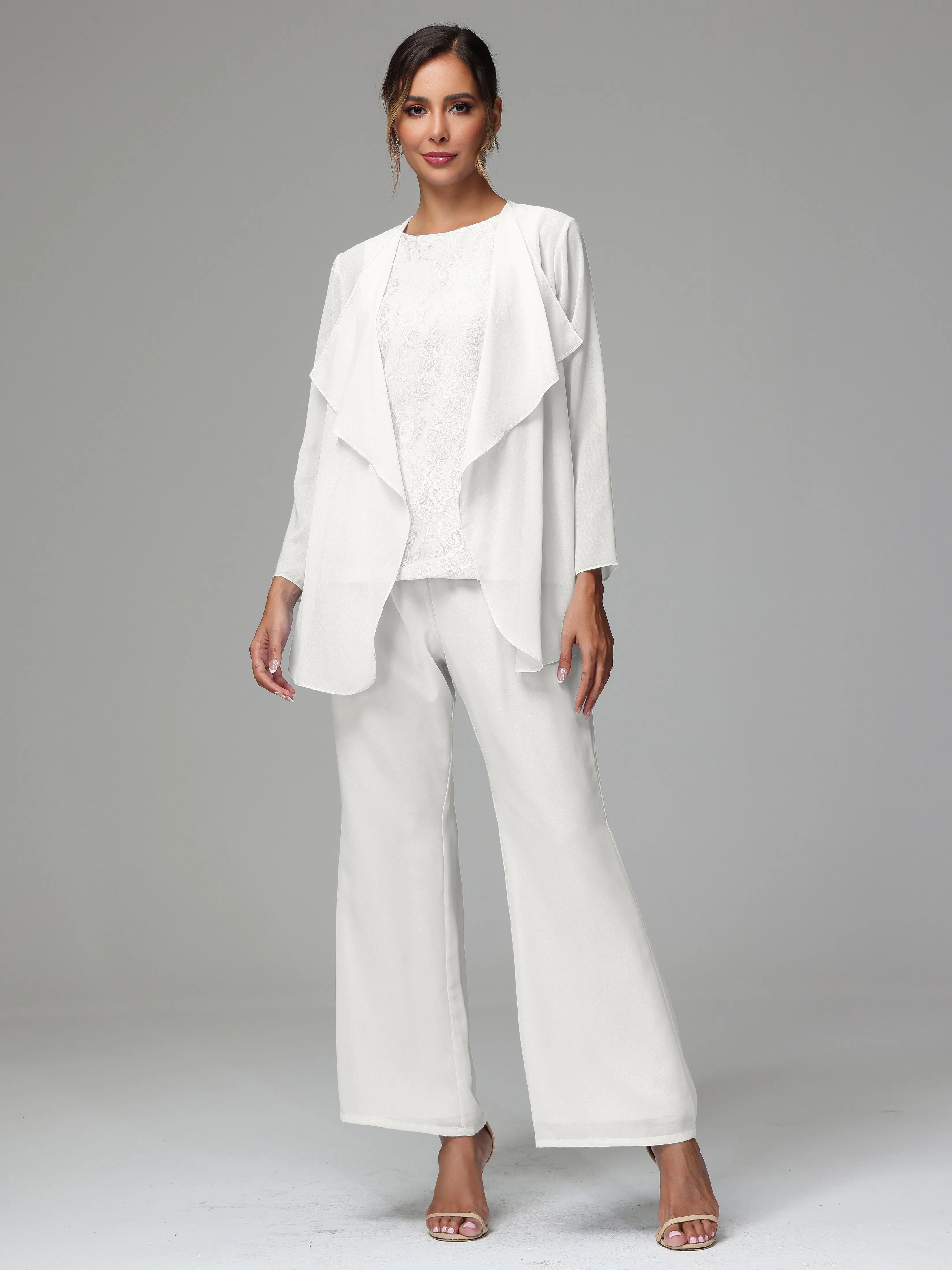 3 Pieces Long Sleeves Chiffon Lace Mother Of The Bride Dress Pants Suits