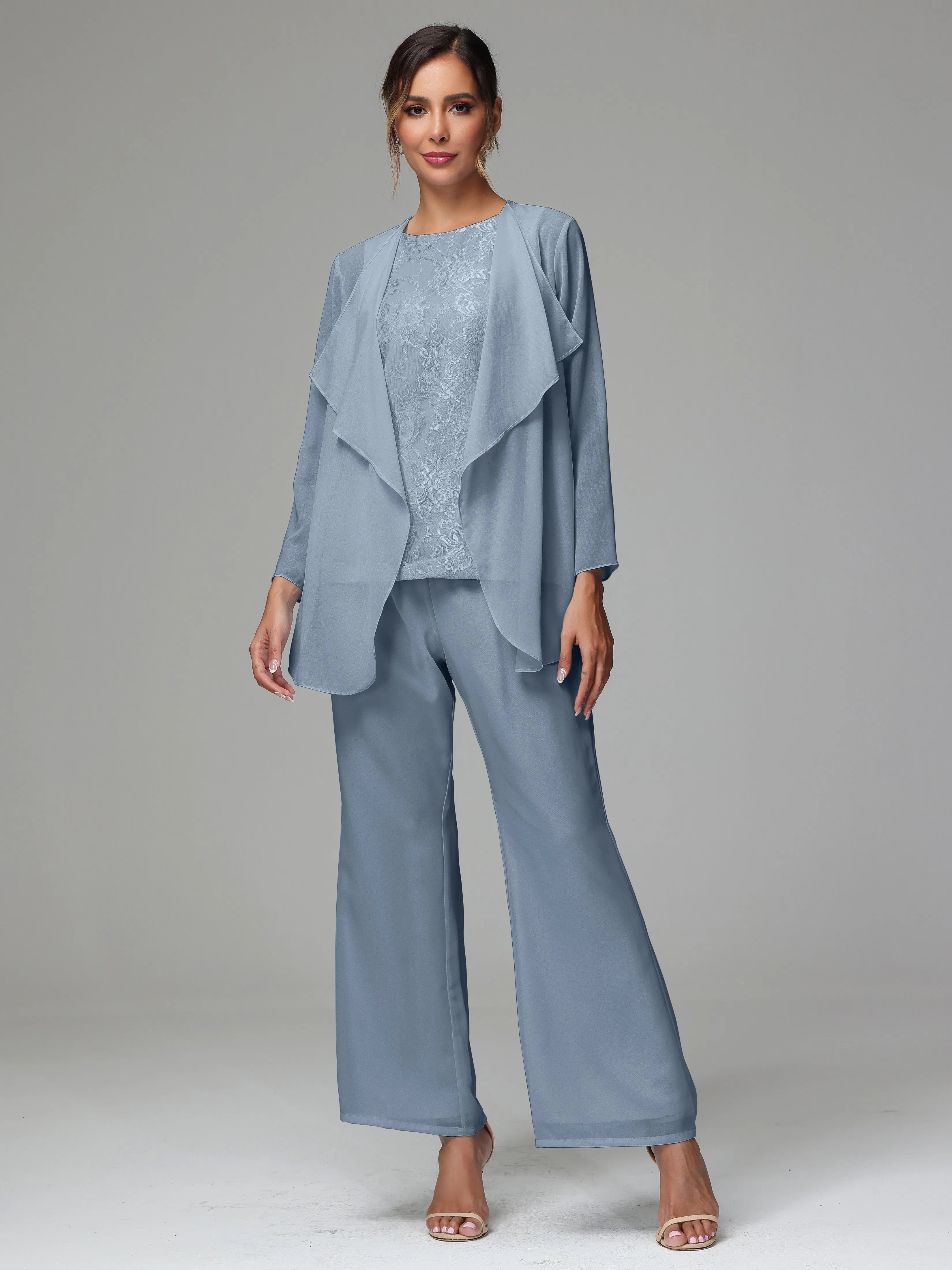 3 Pieces Long Sleeves Chiffon Lace Mother Of The Bride Dress Pants Suits