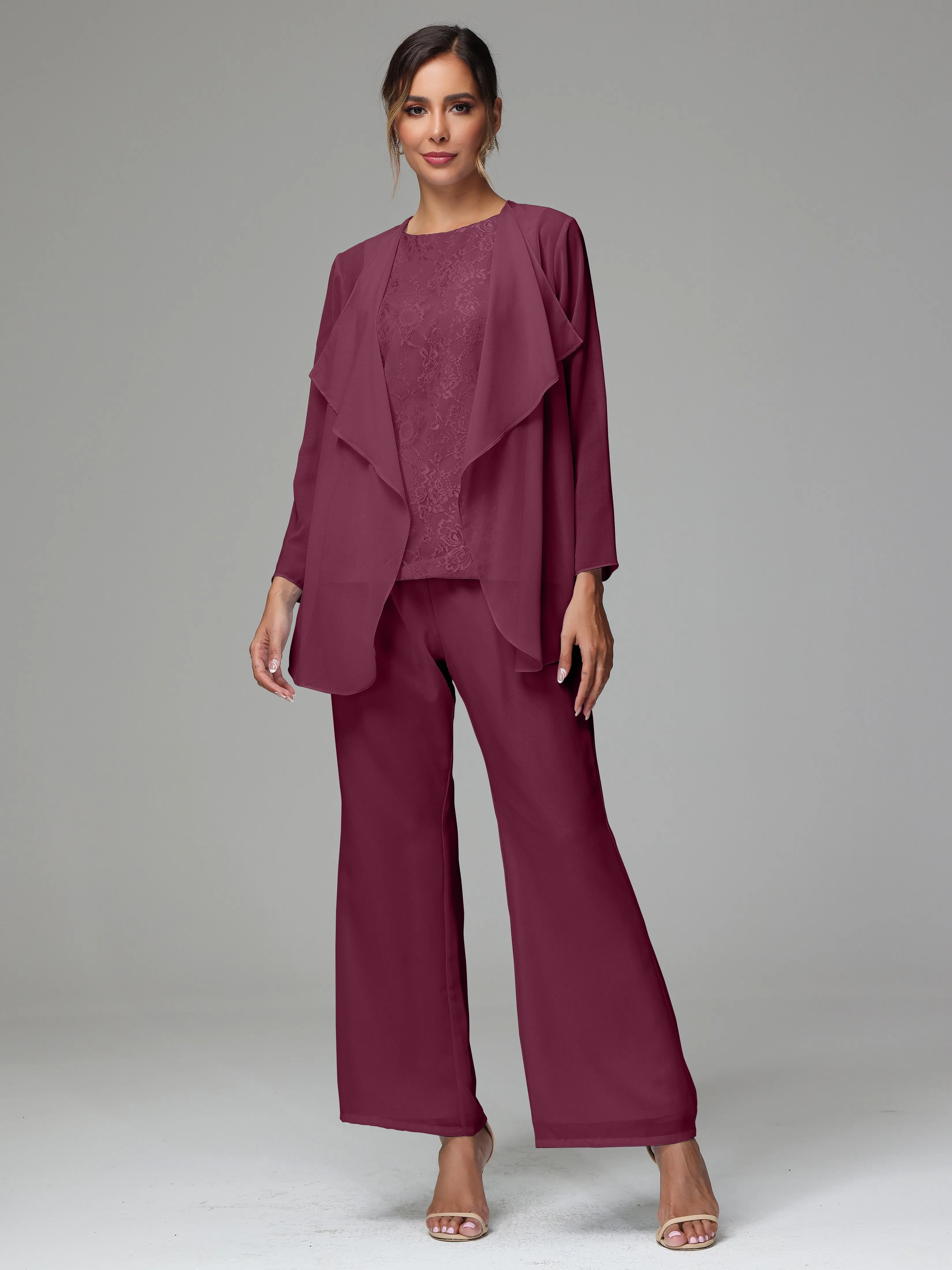 3 Pieces Long Sleeves Chiffon Lace Mother Of The Bride Dress Pants Suits