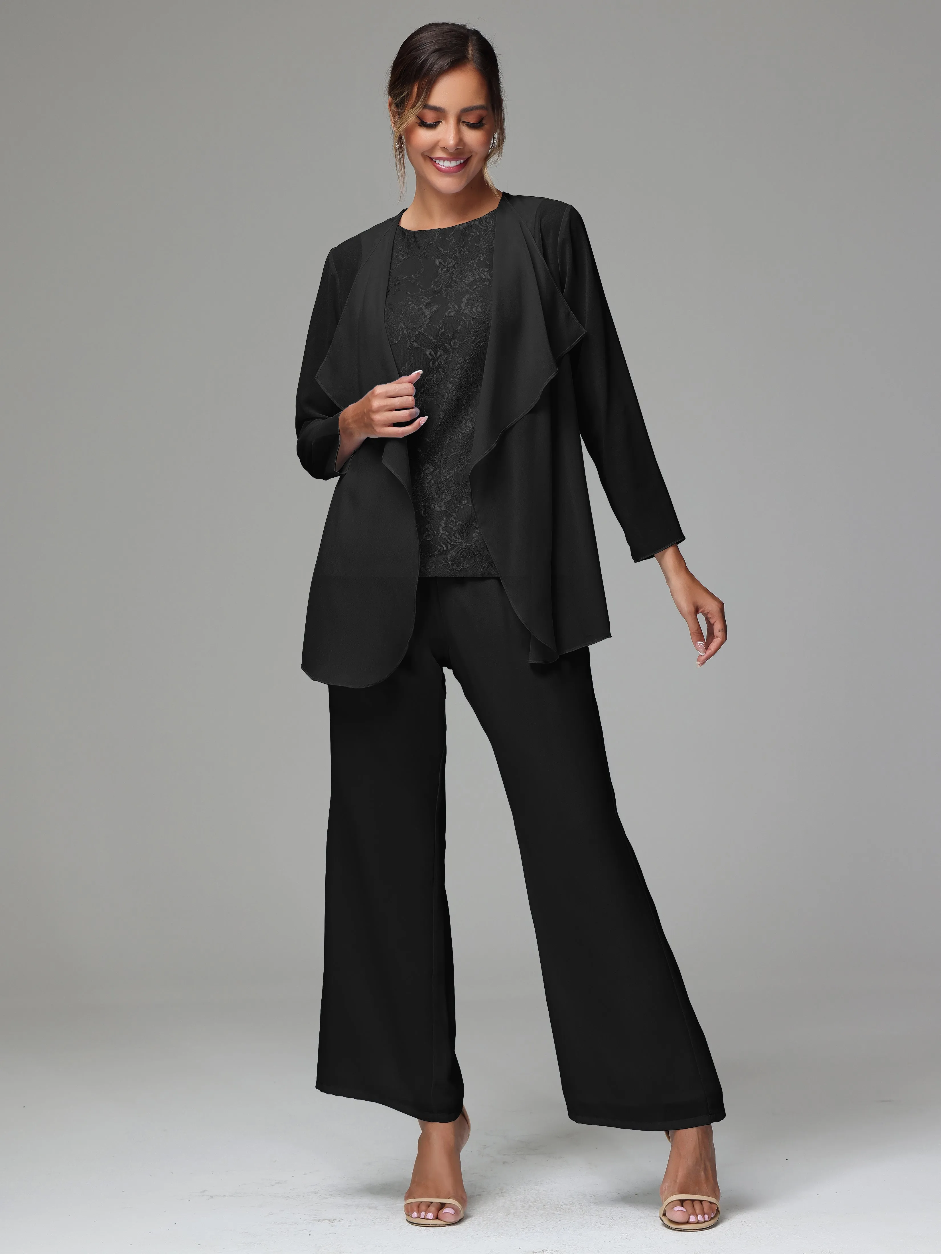 3 Pieces Long Sleeves Chiffon Lace Mother Of The Bride Dress Pants Suits