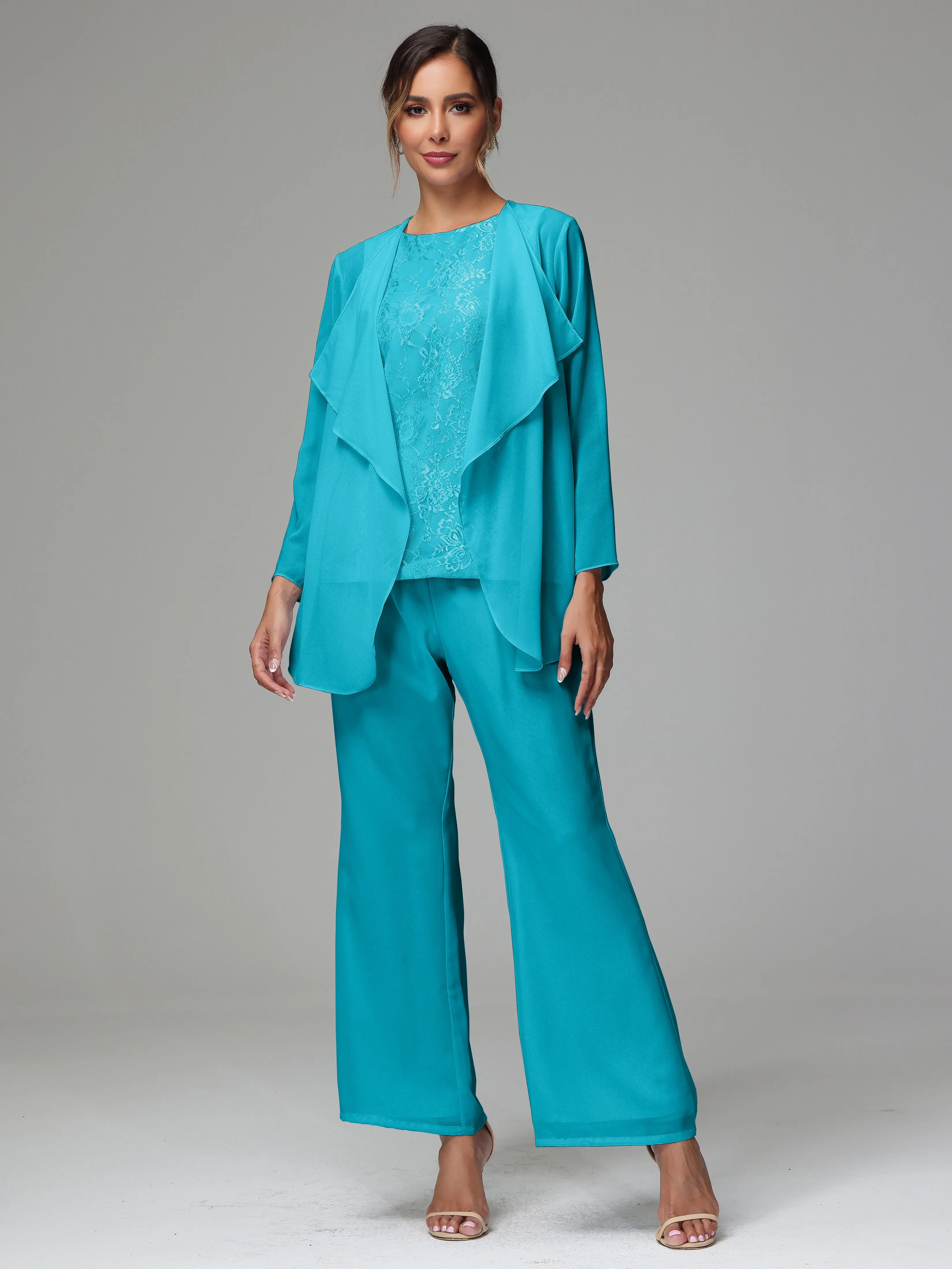 3 Pieces Long Sleeves Chiffon Lace Mother Of The Bride Dress Pants Suits