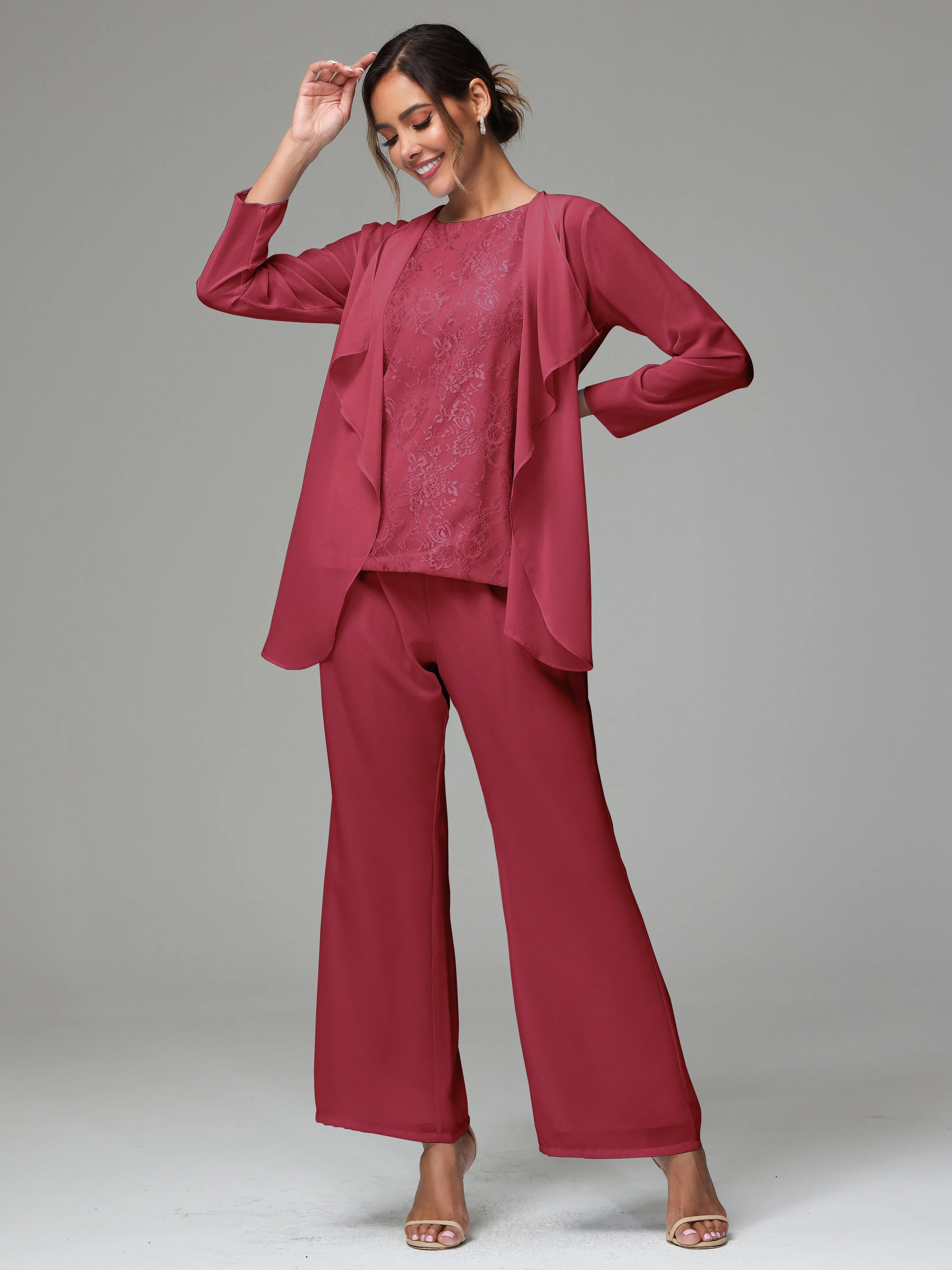 3 Pieces Long Sleeves Chiffon Lace Mother Of The Bride Dress Pants Suits