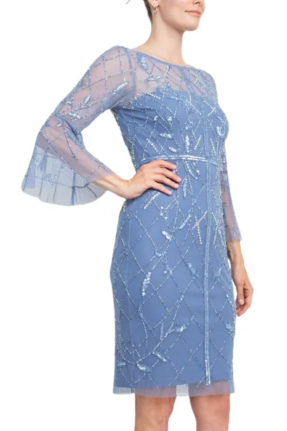 Adrianna Papell Boat Neck Circular Sleeve Beaded Zipper Back Mesh Dress