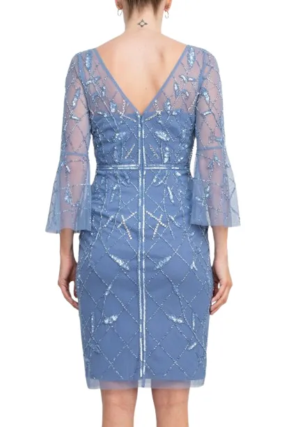 Adrianna Papell Boat Neck Circular Sleeve Beaded Zipper Back Mesh Dress