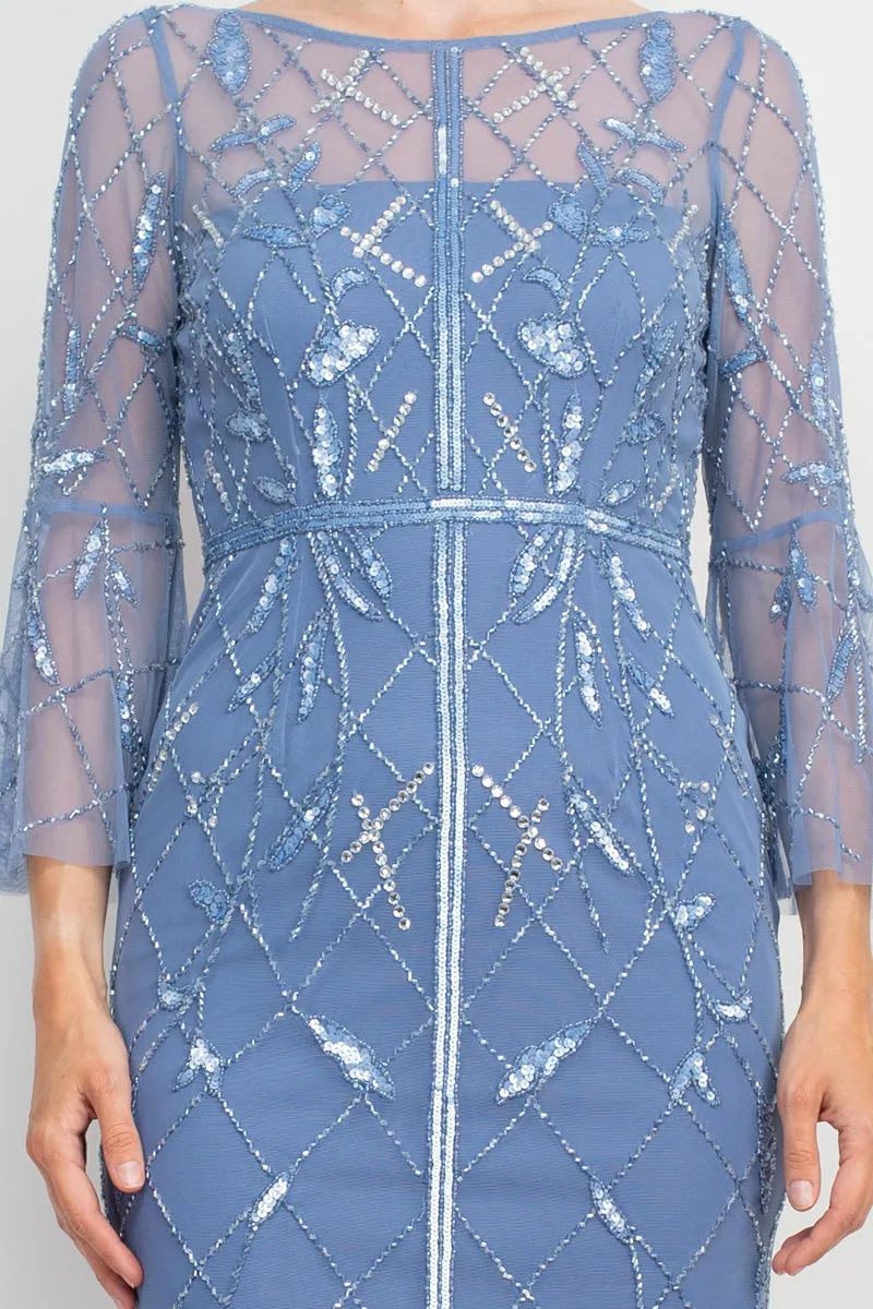 Adrianna Papell Boat Neck Circular Sleeve Beaded Zipper Back Mesh Dress