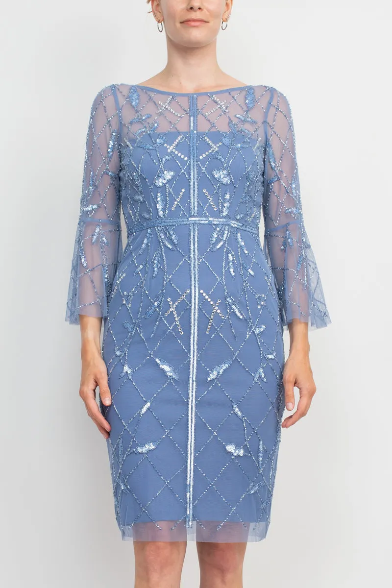 Adrianna Papell Boat Neck Circular Sleeve Beaded Zipper Back Mesh Dress