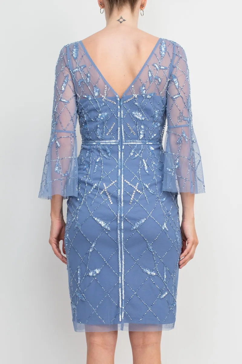 Adrianna Papell Boat Neck Circular Sleeve Beaded Zipper Back Mesh Dress