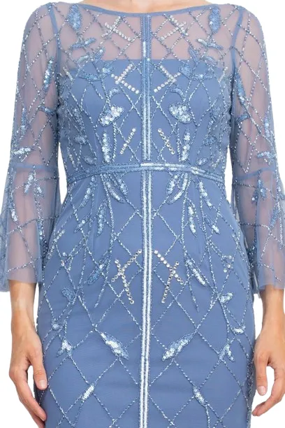 Adrianna Papell Boat Neck Circular Sleeve Beaded Zipper Back Mesh Dress