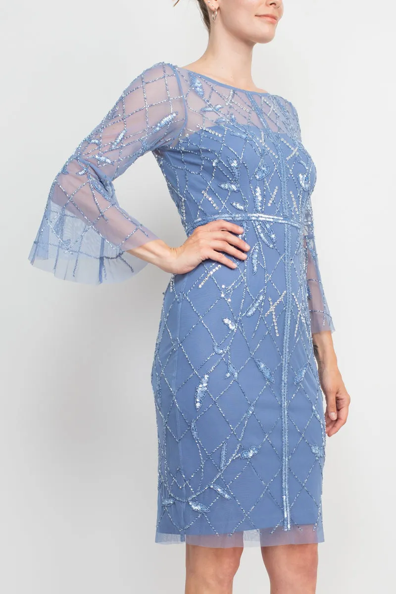 Adrianna Papell Boat Neck Circular Sleeve Beaded Zipper Back Mesh Dress
