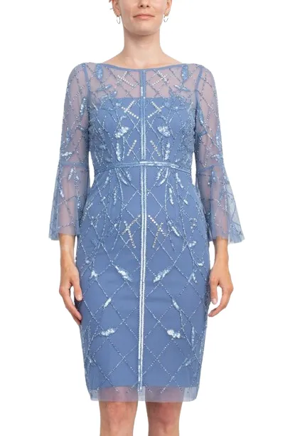 Adrianna Papell Boat Neck Circular Sleeve Beaded Zipper Back Mesh Dress