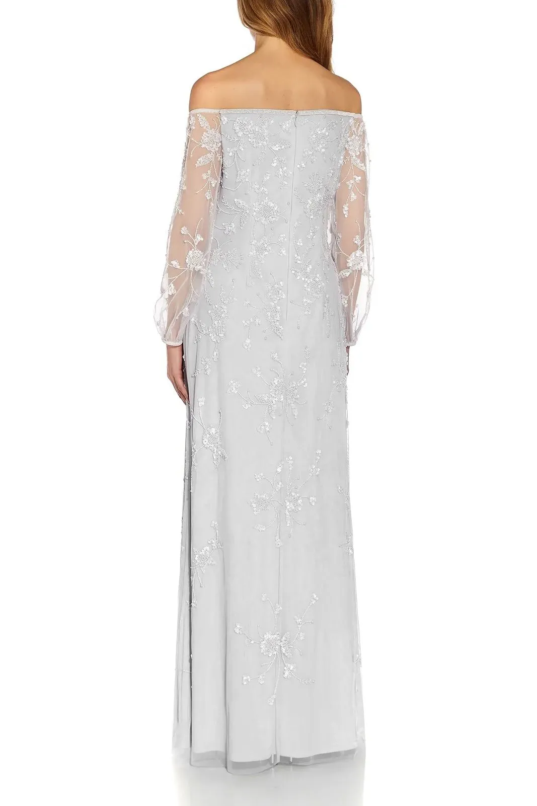 Adrianna Papell Off The Shoulder Long Sleeves Back Zipper Long Beaded Dress
