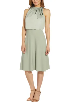 Adrianna Papell Tie halter Neck Keyhole Front Sleeveless Blouson Satin Crepe Dress