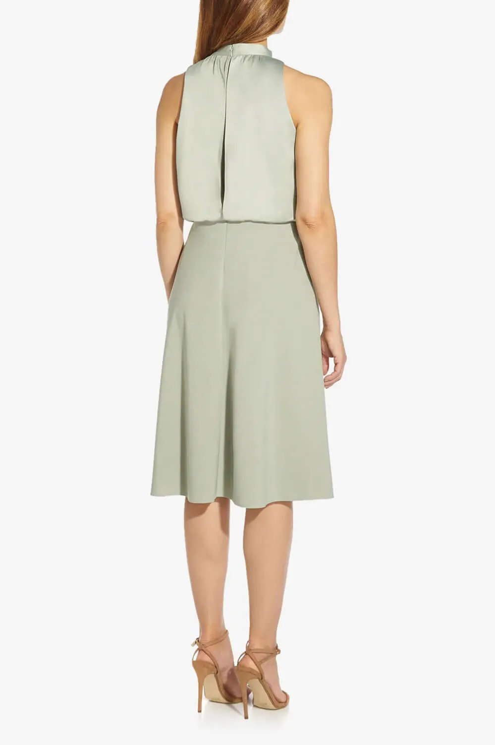 Adrianna Papell Tie halter Neck Keyhole Front Sleeveless Blouson Satin Crepe Dress