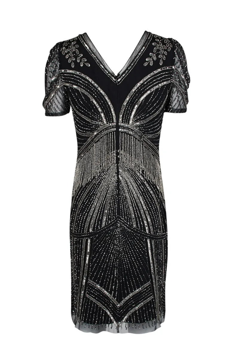 Adrianna Papell V-Neck Short Sleeve Embellished Zipper Back Mesh Dress