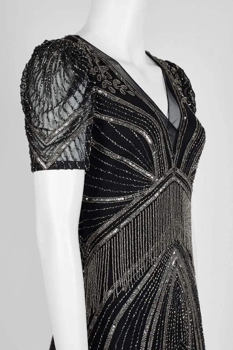 Adrianna Papell V-Neck Short Sleeve Embellished Zipper Back Mesh Dress