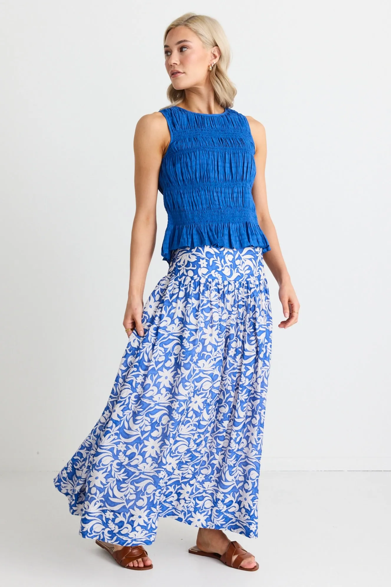 Affinity Blue Batik Shirred Back Tiered Maxi Skirt