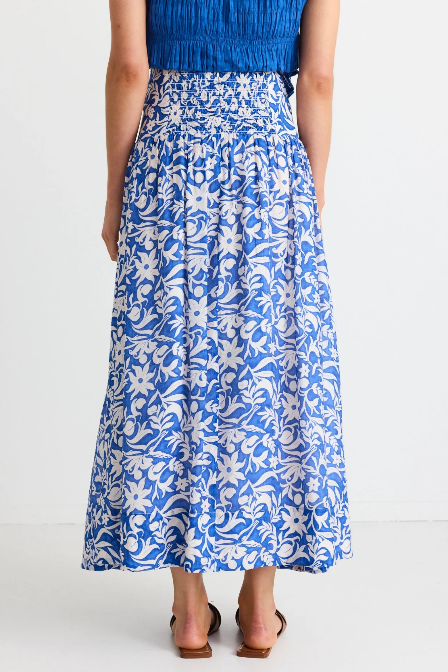 Affinity Blue Batik Shirred Back Tiered Maxi Skirt