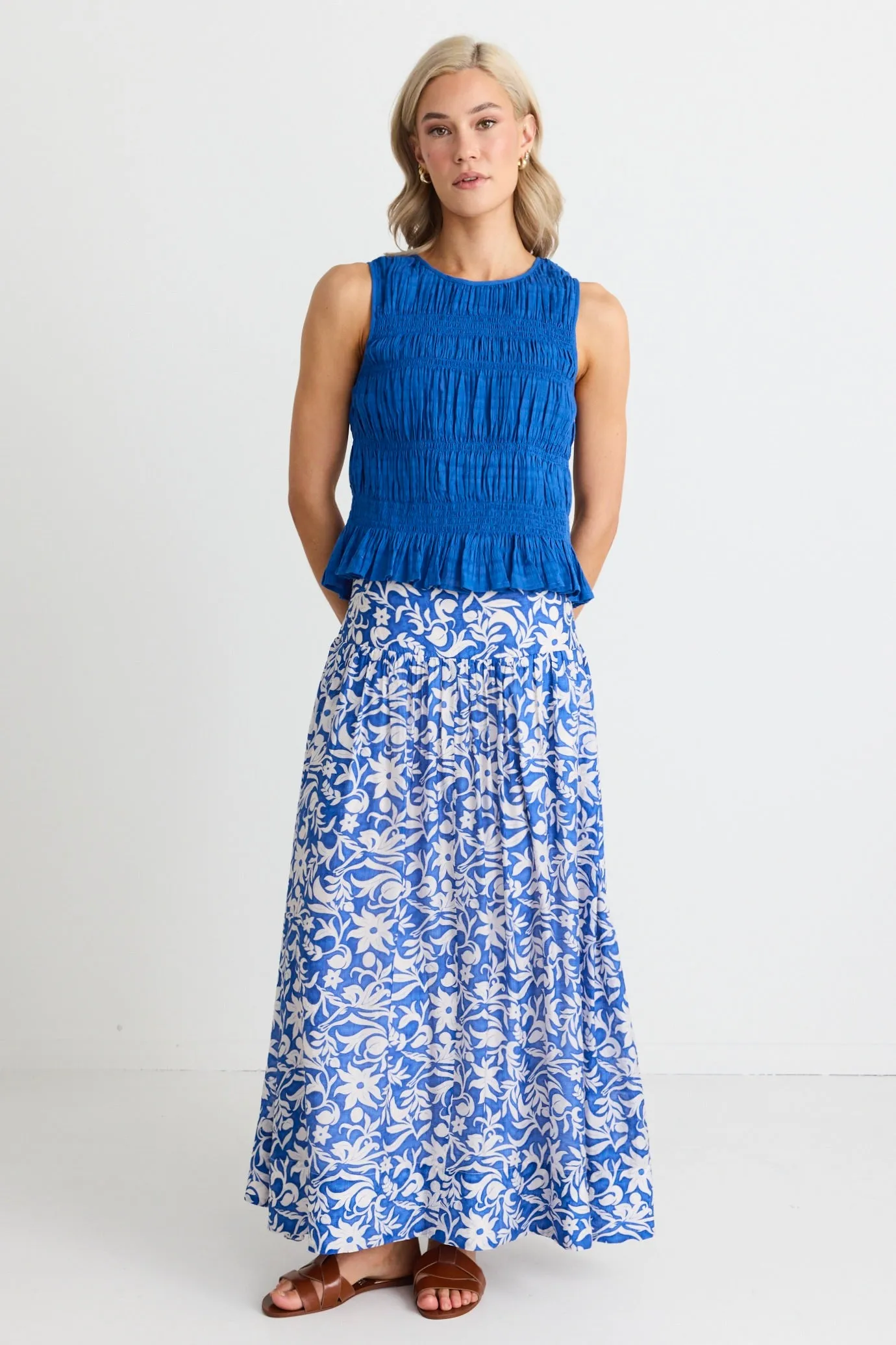 Affinity Blue Batik Shirred Back Tiered Maxi Skirt