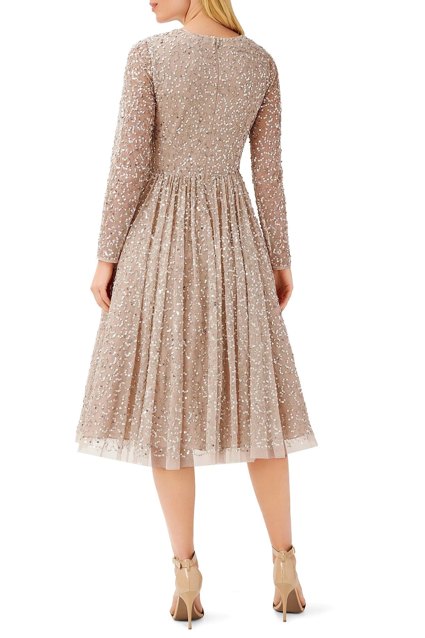 Aidan Mattox V Neck Long Sleeve Back Zipper Midi Beaded Dress