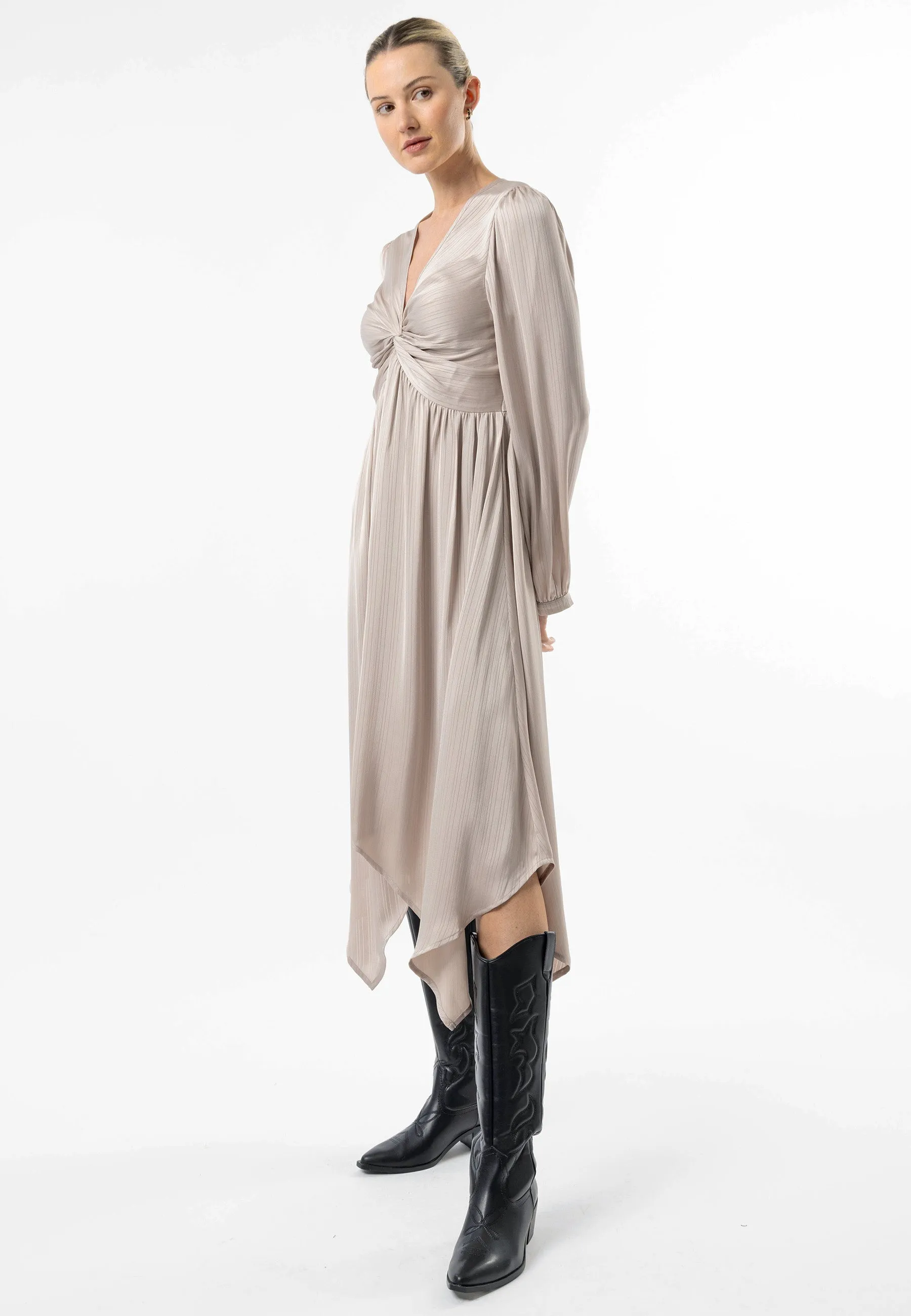 Angeleye Satin Textured Knot Top Midi Dress In Silver