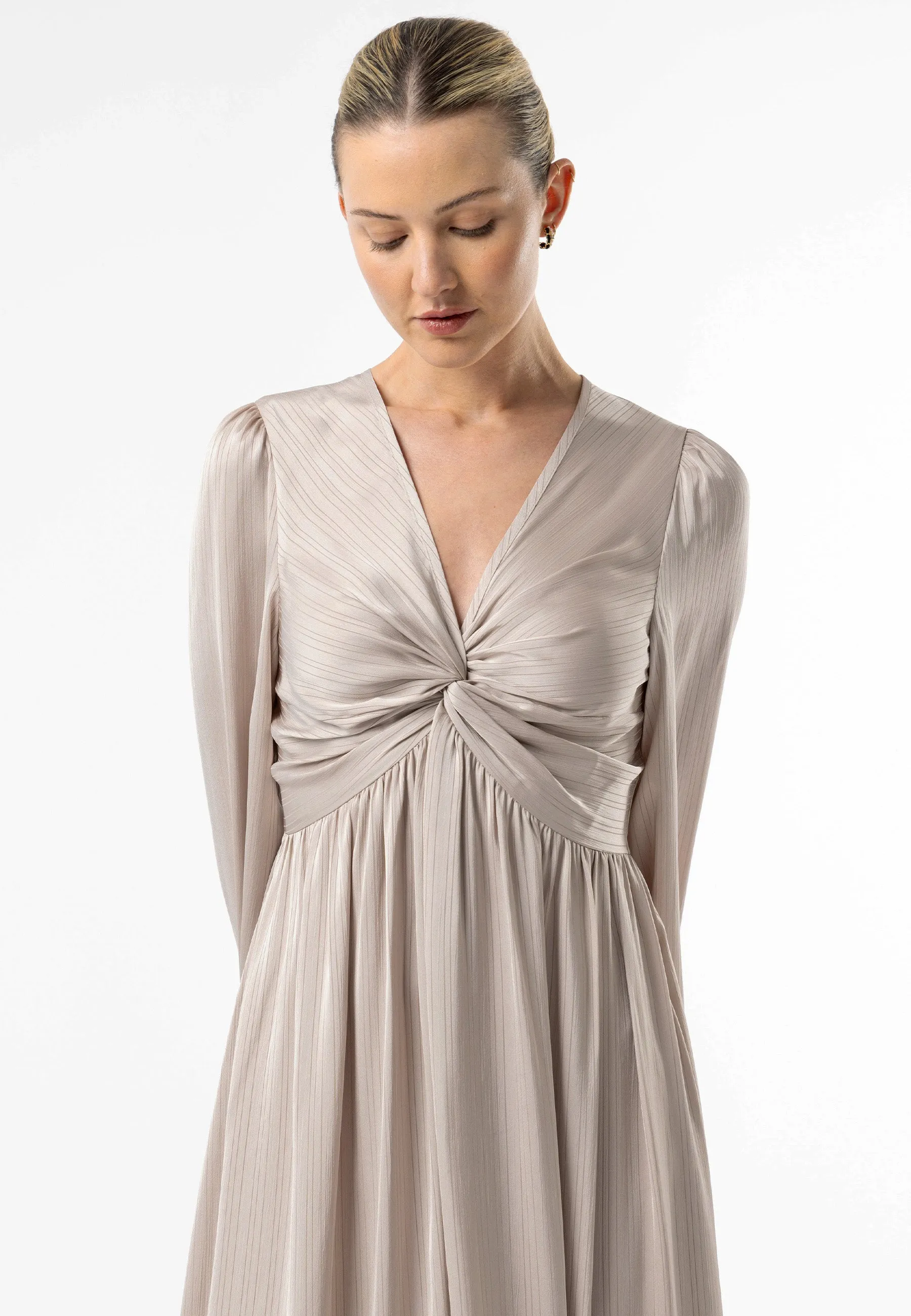 Angeleye Satin Textured Knot Top Midi Dress In Silver