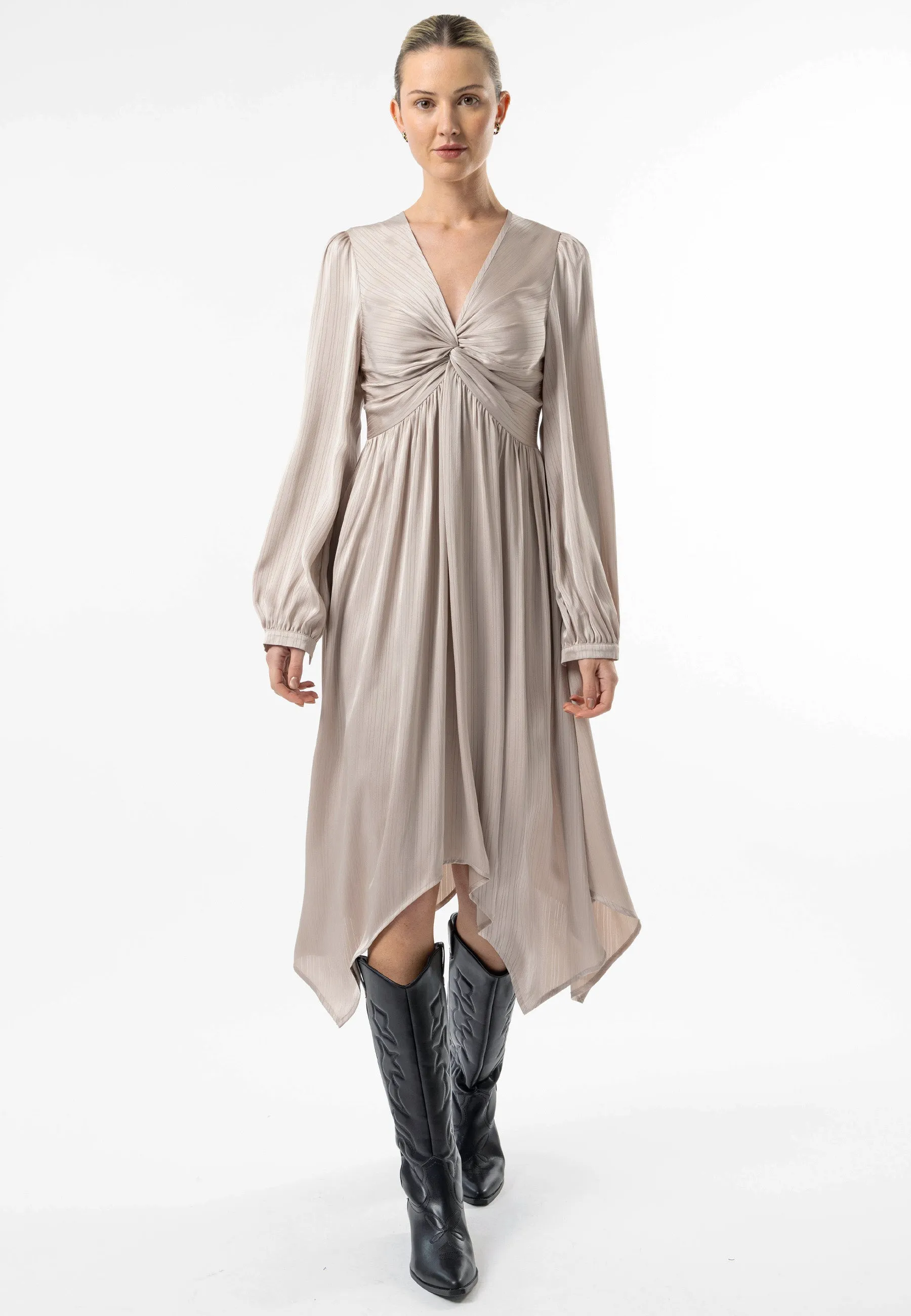 Angeleye Satin Textured Knot Top Midi Dress In Silver