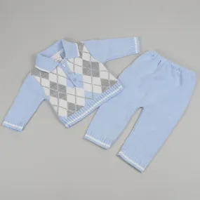 Baby Boy Knitted Argyle Jumper & Trousers Outfit - Blue