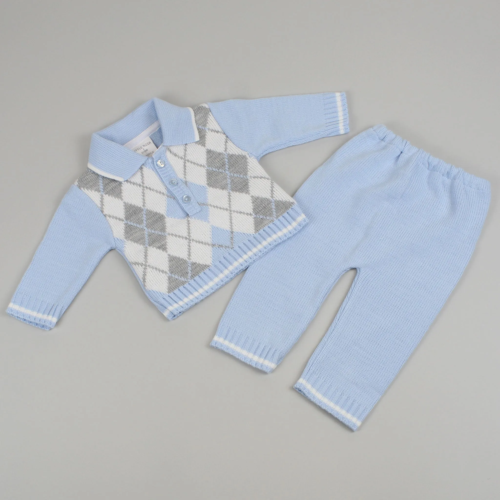 Baby Boy Knitted Argyle Jumper & Trousers Outfit - Blue