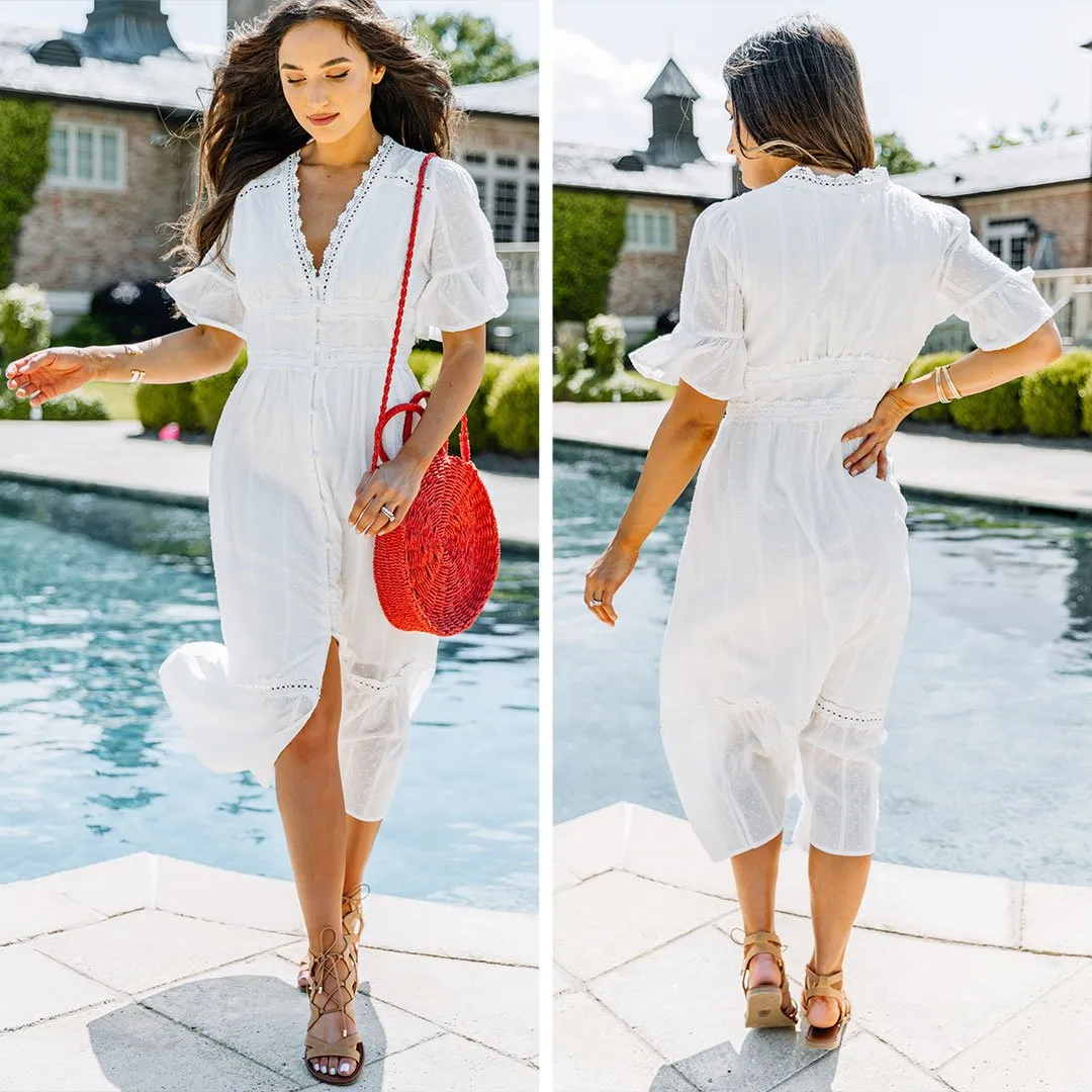 Beautiful Mornings White Crochet Midi Dress