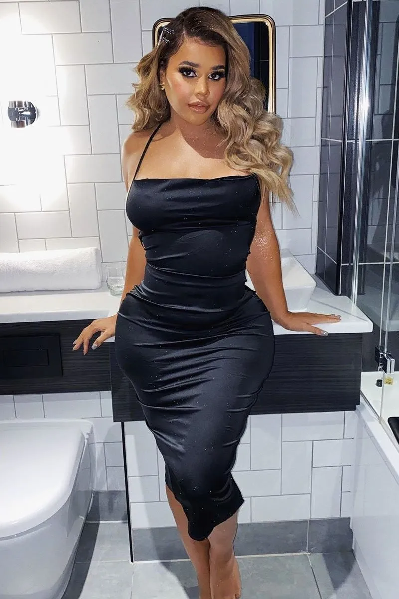 Black Satin Cowl Neck Midi Bodycon Dress - Liliana