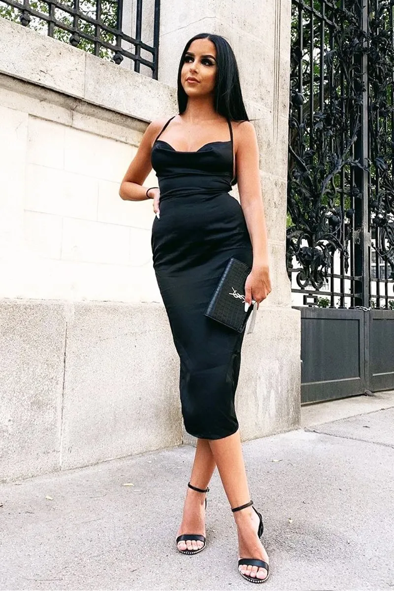 Black Satin Cowl Neck Midi Bodycon Dress - Liliana